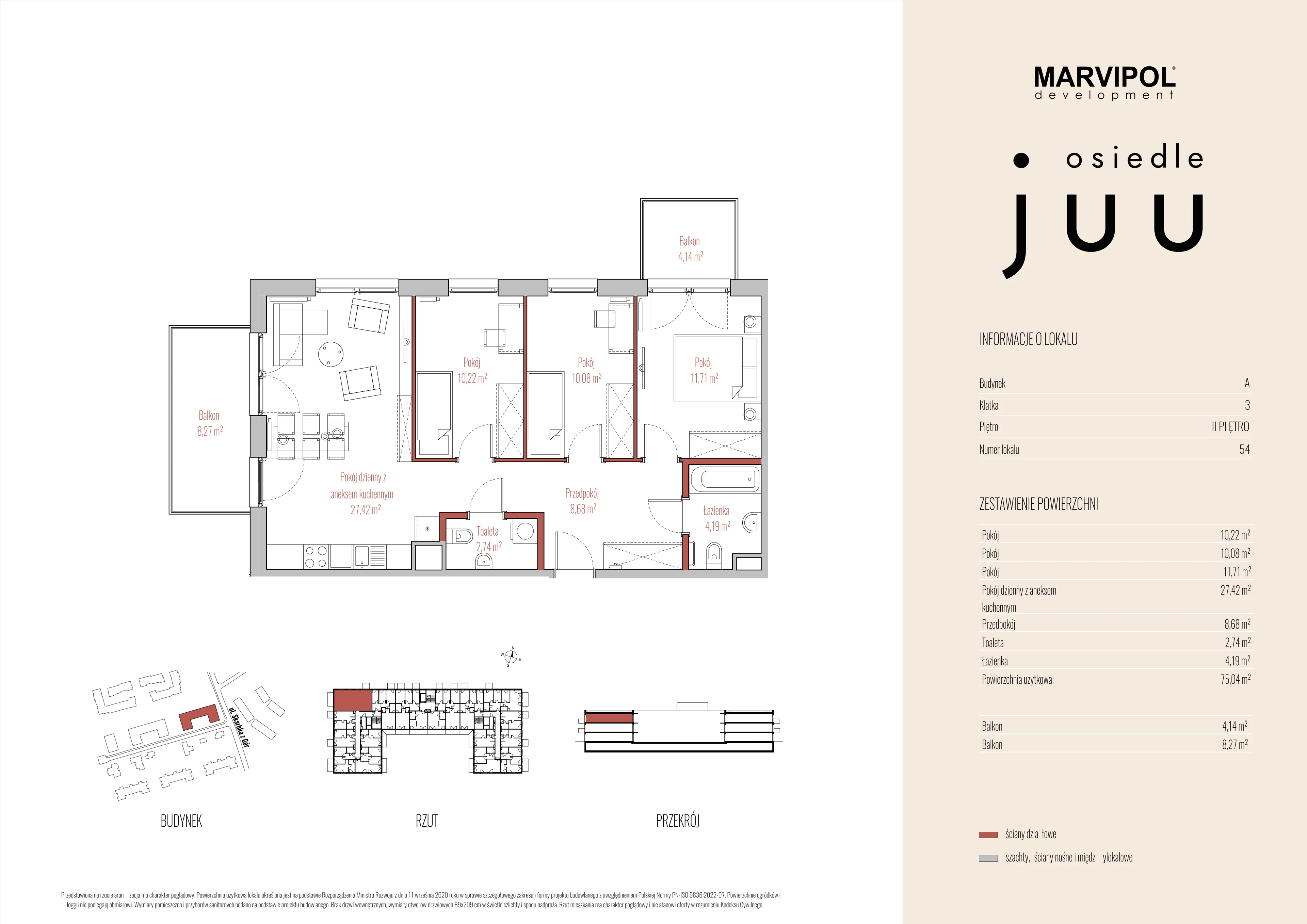 4 pokoje, mieszkanie 75,04 m², piętro 2, oferta nr A/M054, Osiedle Juu, Warszawa, Białołęka, Grodzisk, ul. Skarbka z Gór 47