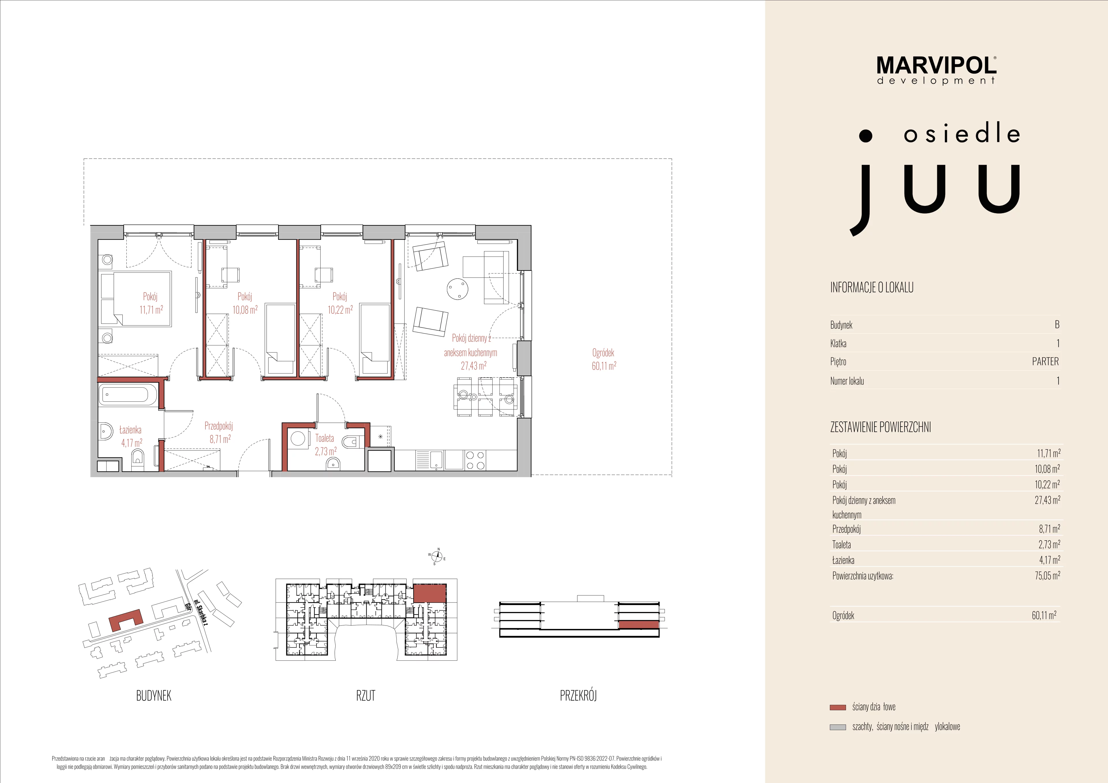 4 pokoje, mieszkanie 75,05 m², parter, oferta nr B/M001, Osiedle Juu, Warszawa, Białołęka, Grodzisk, ul. Skarbka z Gór 47