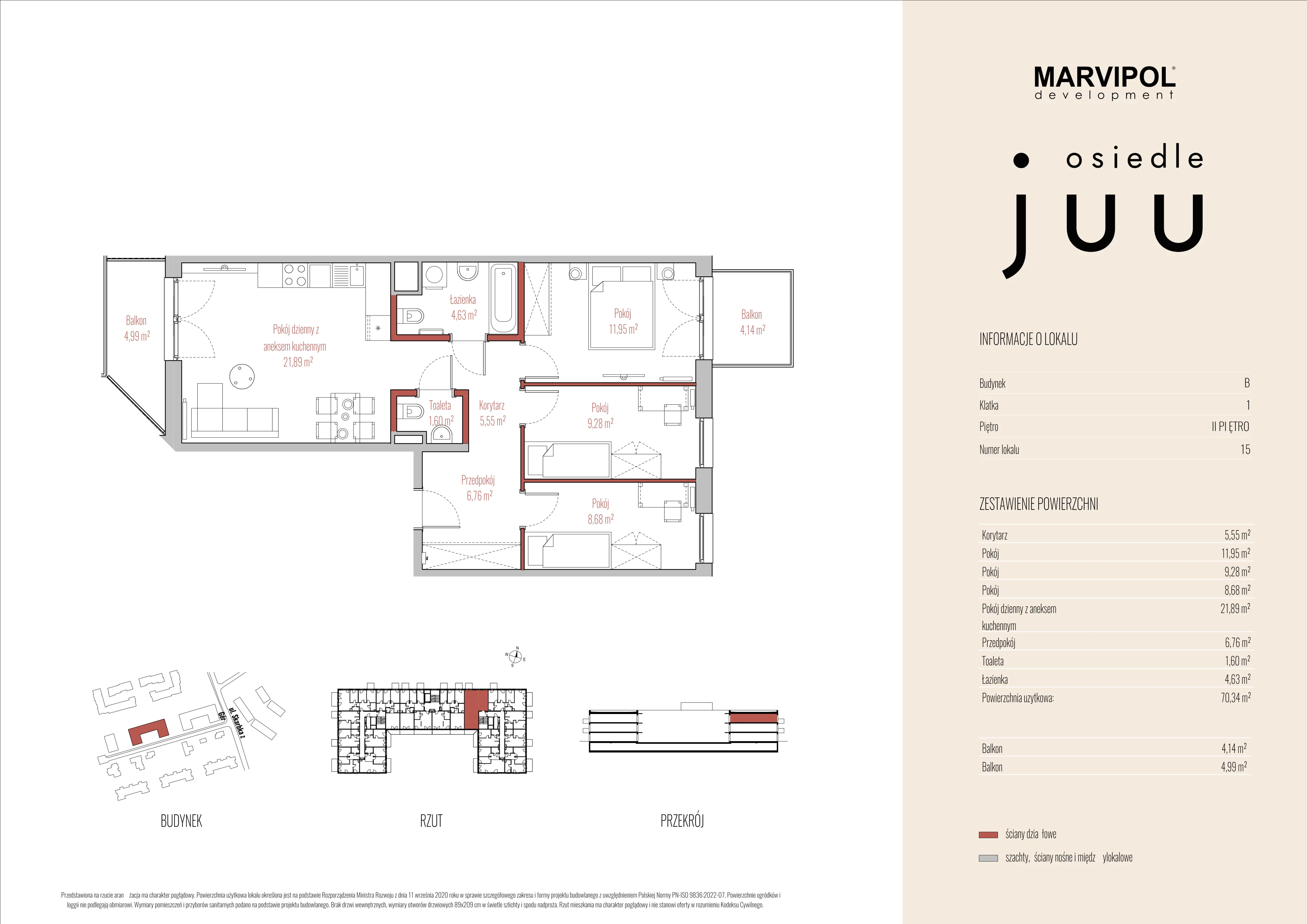 4 pokoje, mieszkanie 70,34 m², piętro 2, oferta nr B/M015, Osiedle Juu, Warszawa, Białołęka, Grodzisk, ul. Skarbka z Gór 47