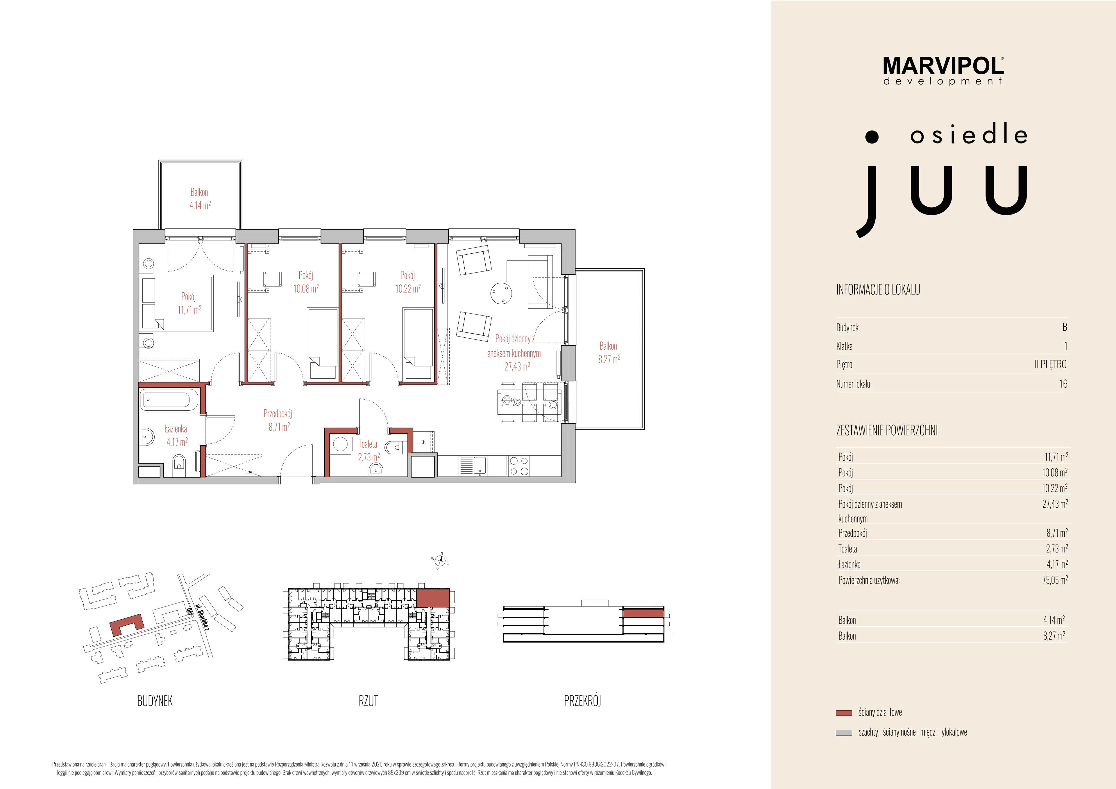 4 pokoje, mieszkanie 75,05 m², piętro 2, oferta nr B/M016, Osiedle Juu, Warszawa, Białołęka, Grodzisk, ul. Skarbka z Gór 47
