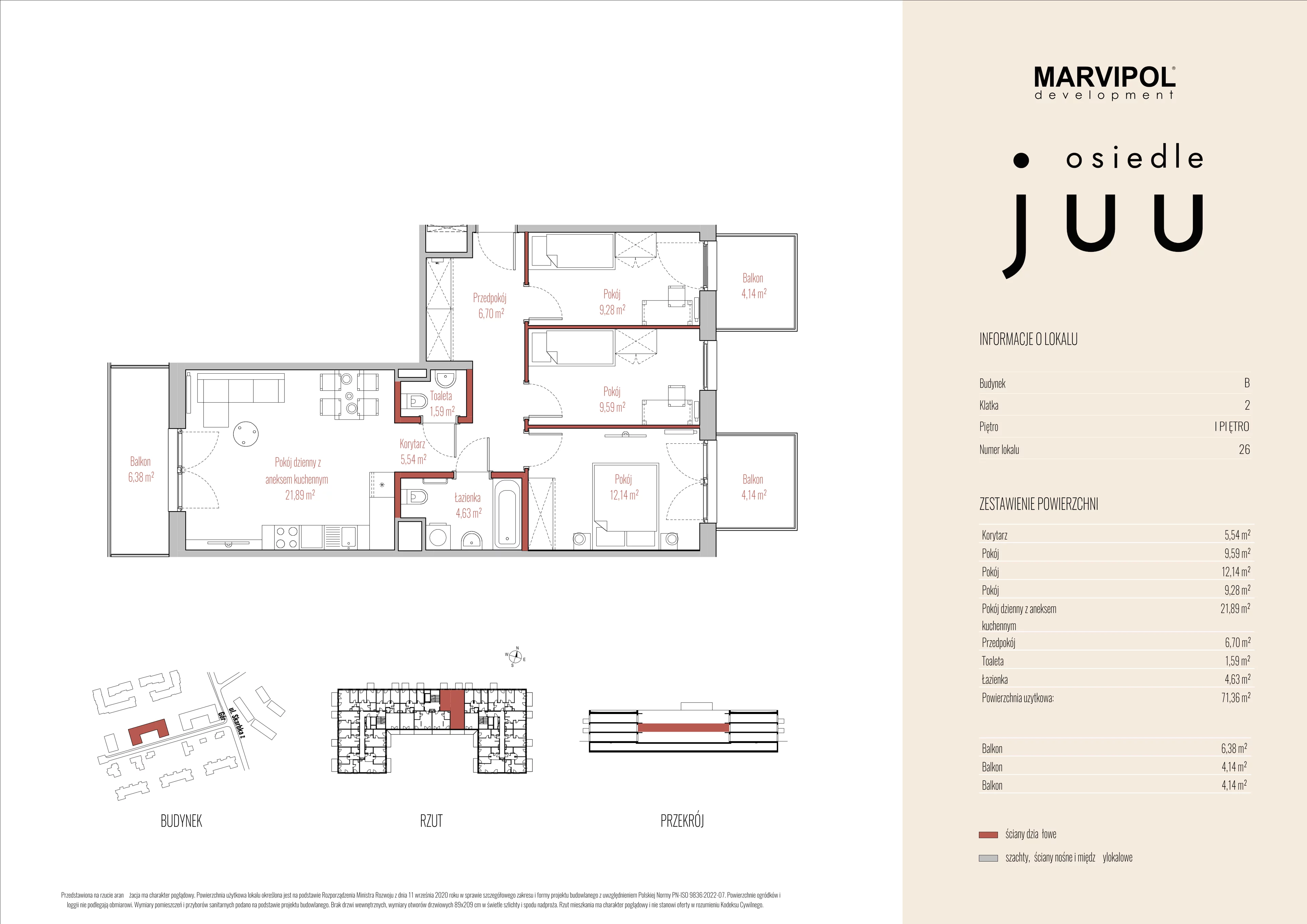 4 pokoje, mieszkanie 71,36 m², piętro 1, oferta nr B/M026, Osiedle Juu, Warszawa, Białołęka, Grodzisk, ul. Skarbka z Gór 47