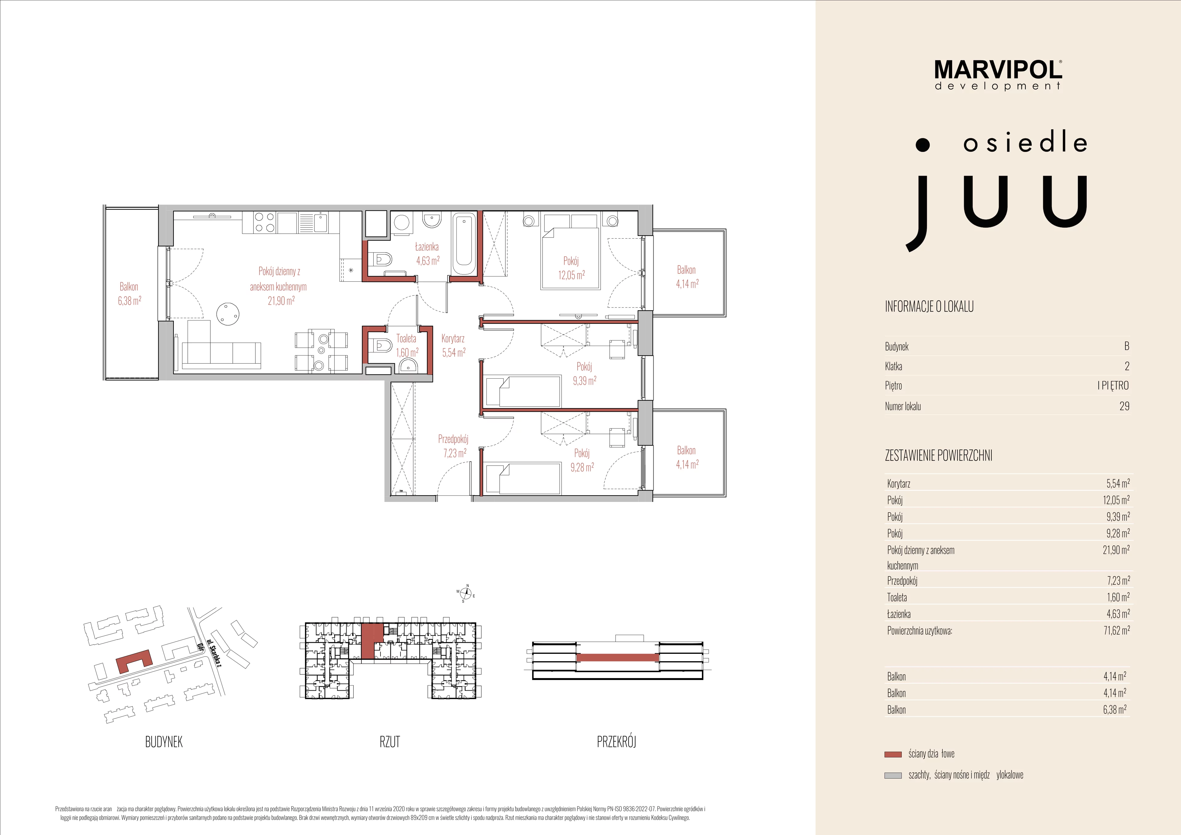 4 pokoje, mieszkanie 71,62 m², piętro 1, oferta nr B/M029, Osiedle Juu, Warszawa, Białołęka, Grodzisk, ul. Skarbka z Gór 47
