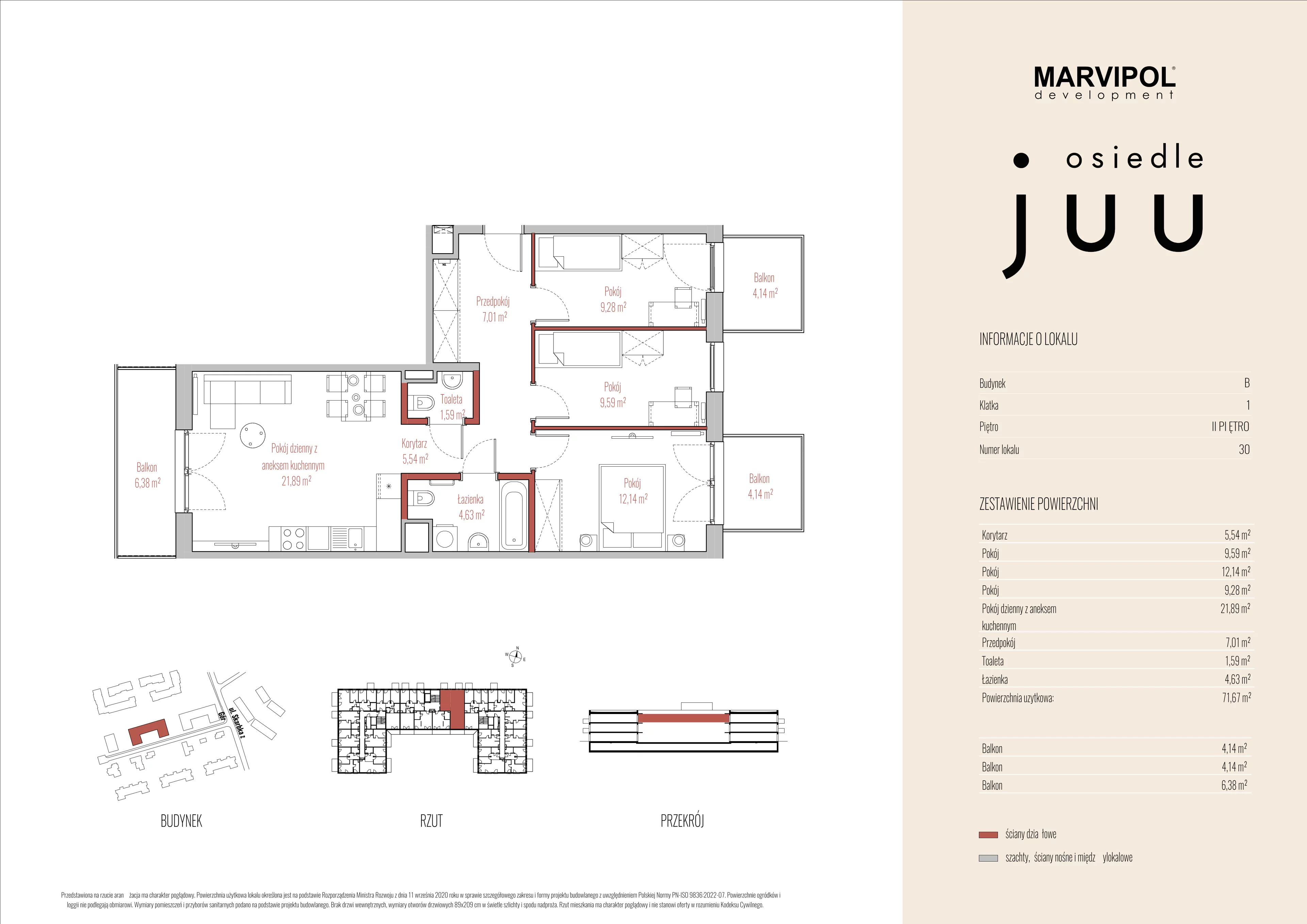 4 pokoje, mieszkanie 71,67 m², piętro 2, oferta nr B/M030, Osiedle Juu, Warszawa, Białołęka, Grodzisk, ul. Skarbka z Gór 47
