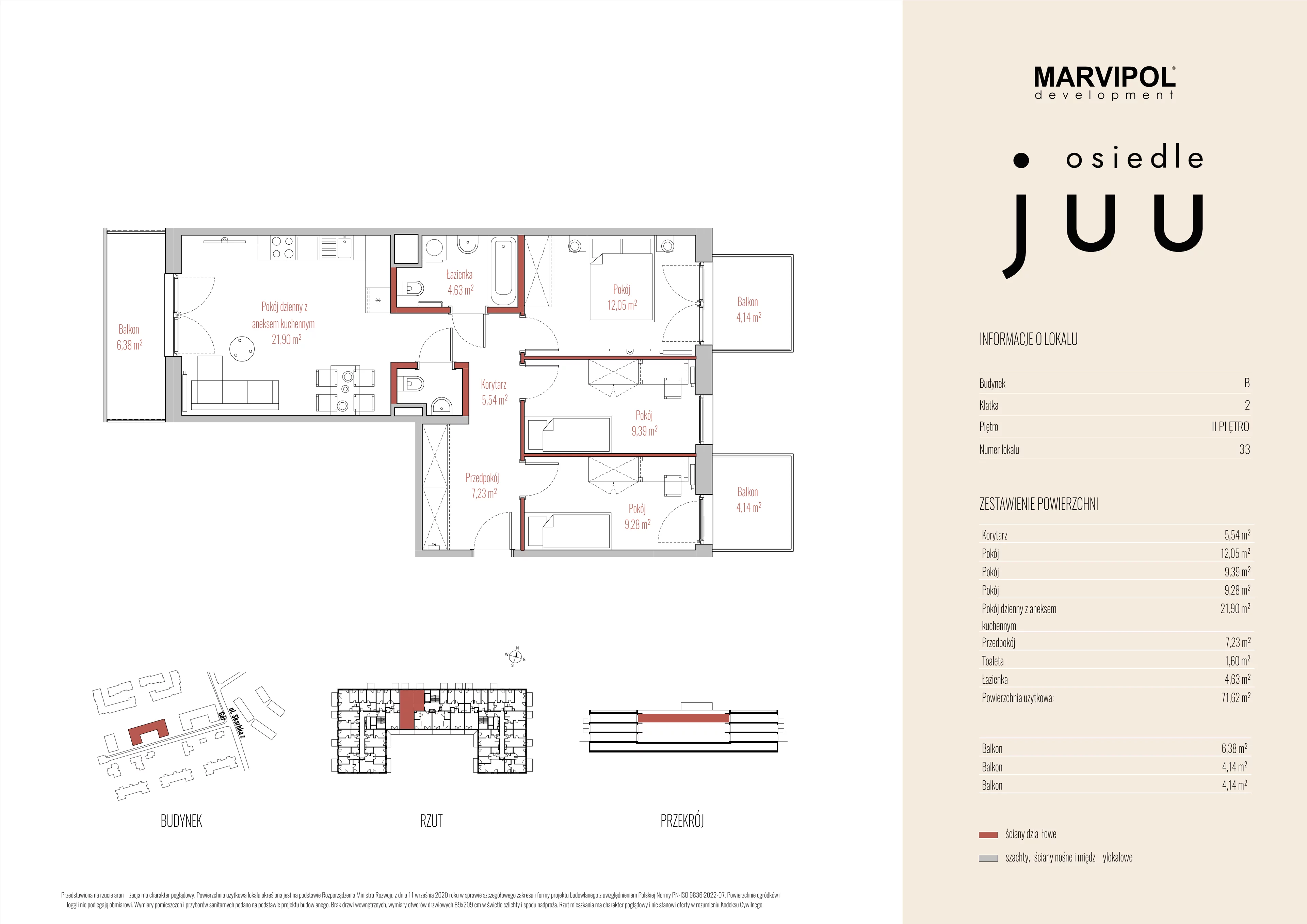 4 pokoje, mieszkanie 71,62 m², piętro 2, oferta nr B/M033, Osiedle Juu, Warszawa, Białołęka, Grodzisk, ul. Skarbka z Gór 47