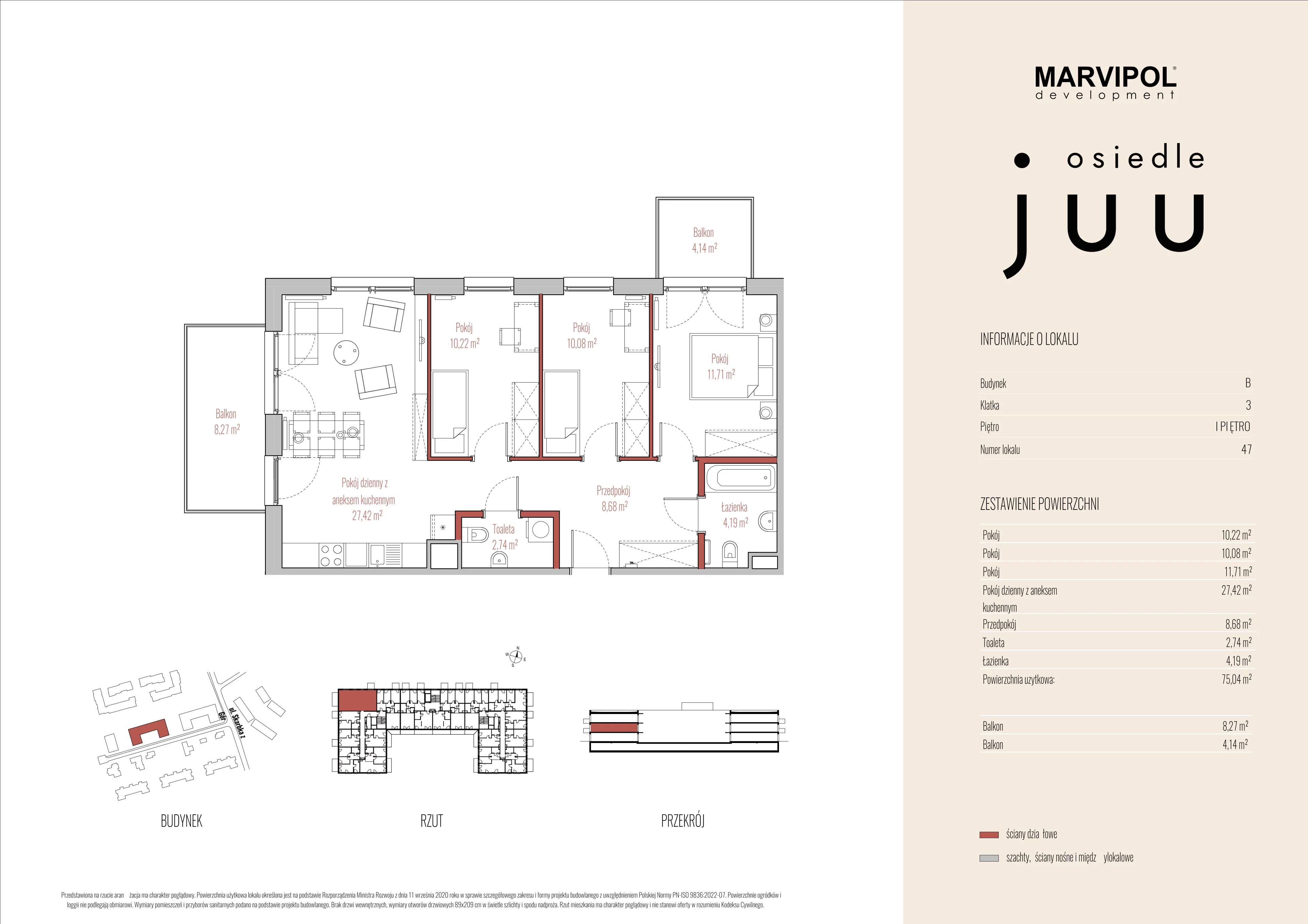 4 pokoje, mieszkanie 75,04 m², piętro 1, oferta nr B/M047, Osiedle Juu, Warszawa, Białołęka, Grodzisk, ul. Skarbka z Gór 47