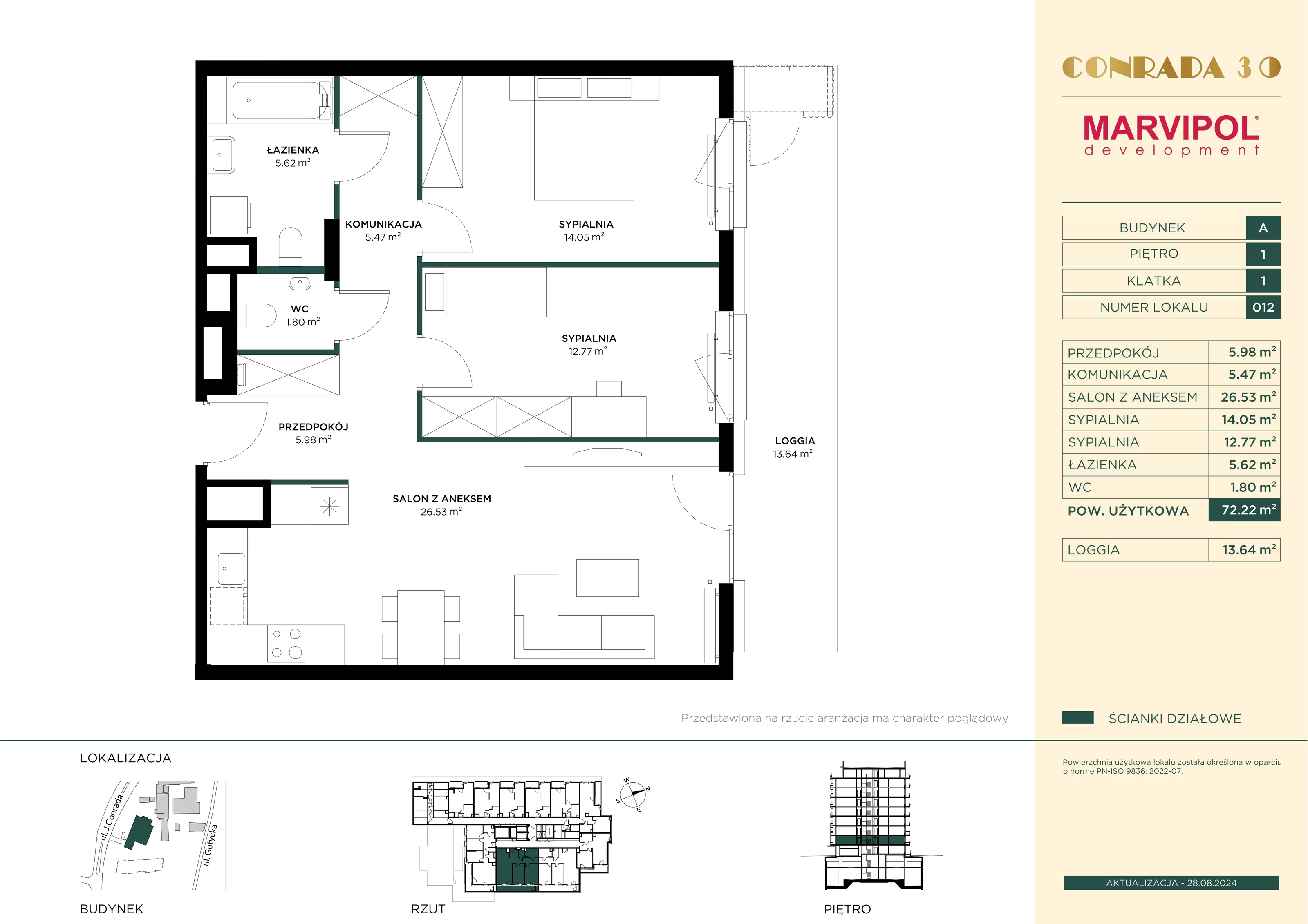 Mieszkanie 72,22 m², piętro 1, oferta nr A012, Conrada 30, Warszawa, Bielany, Chomiczówka, ul. Josepha Conrada 30