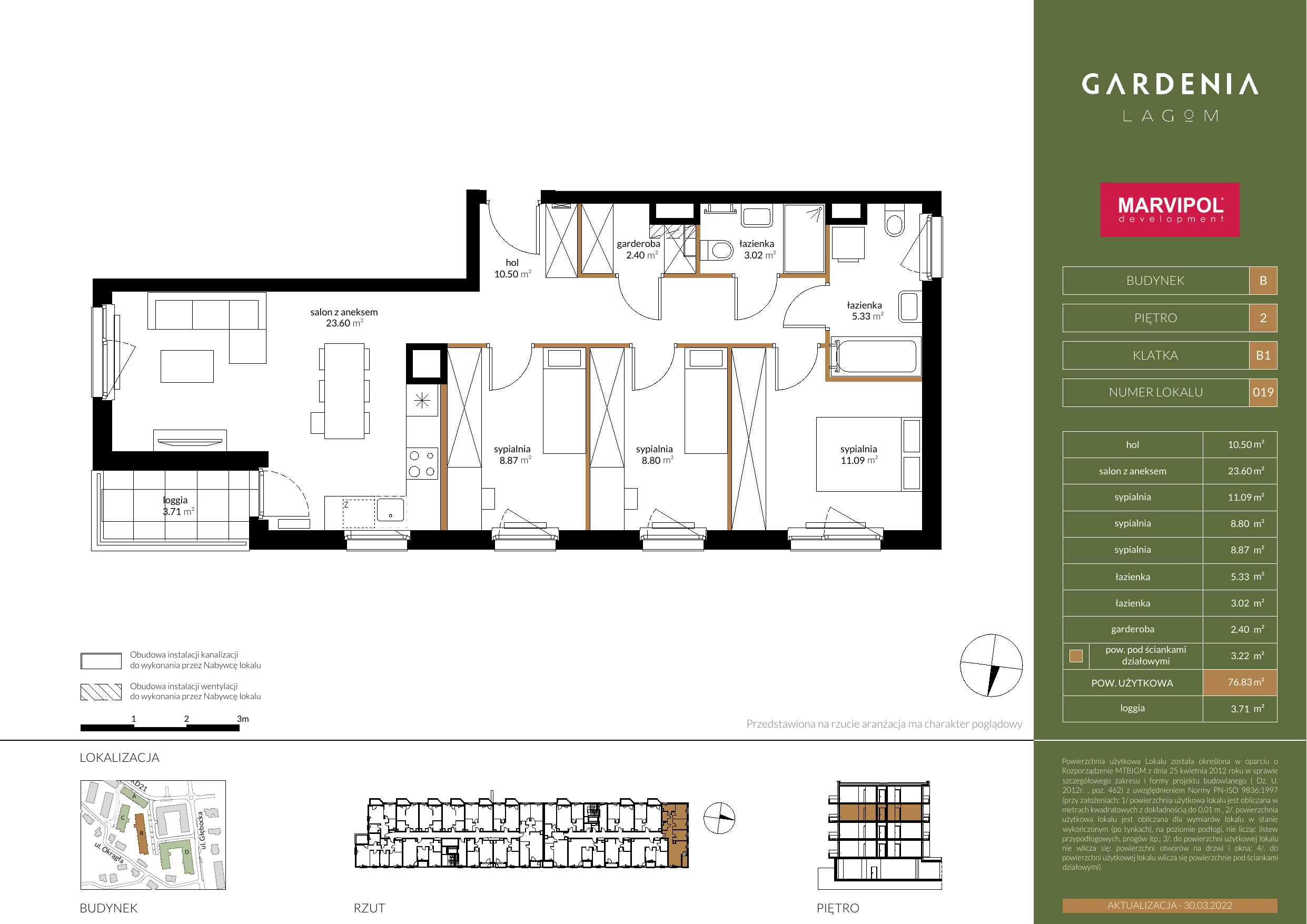 Mieszkanie 76,87 m², piętro 2, oferta nr B019, Gardenia Lagom, Warszawa, Białołęka, Grodzisk, ul. Głębocka 117