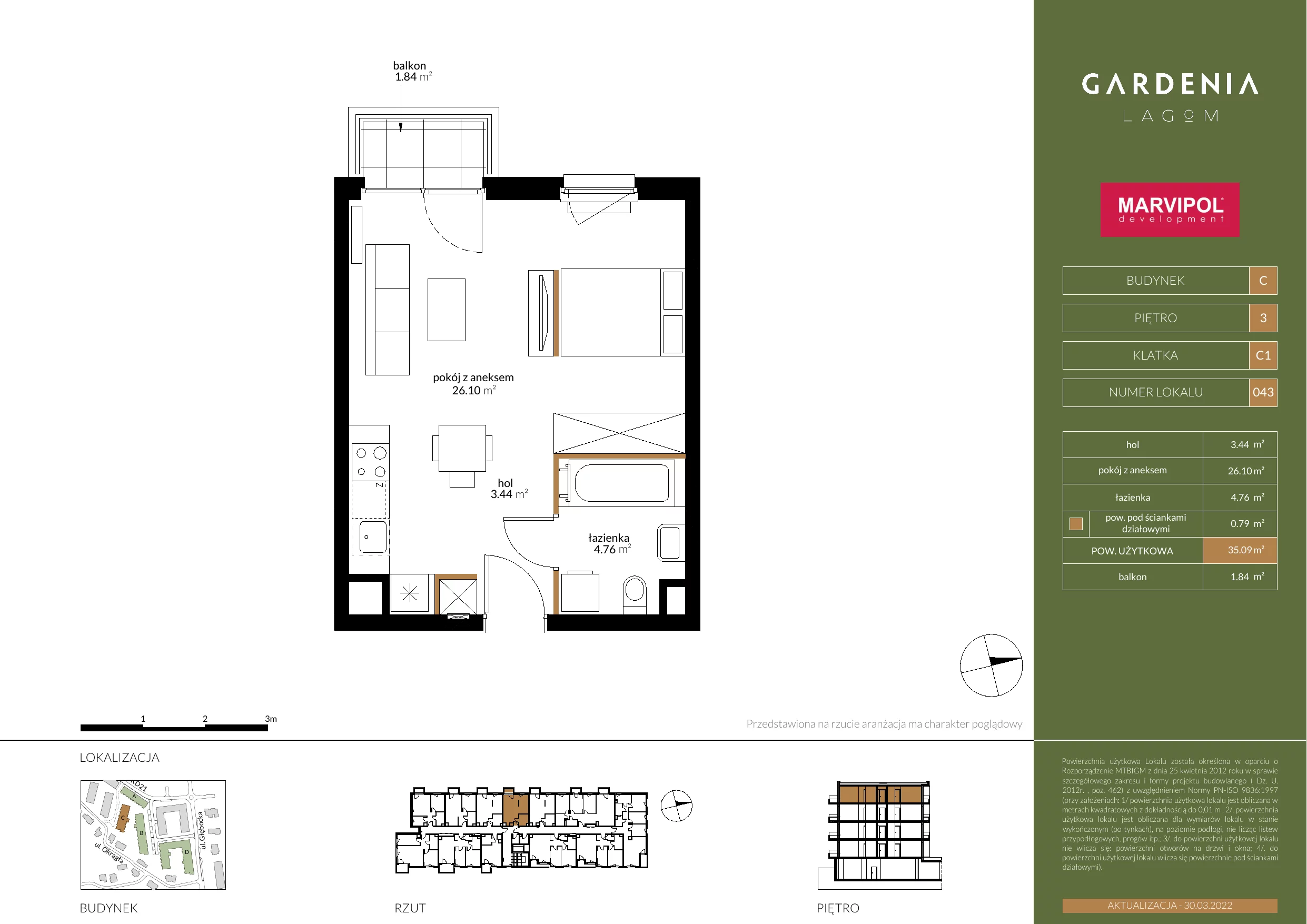 Mieszkanie 35,22 m², piętro 3, oferta nr C043, Gardenia Lagom, Warszawa, Białołęka, Grodzisk, ul. Głębocka 117