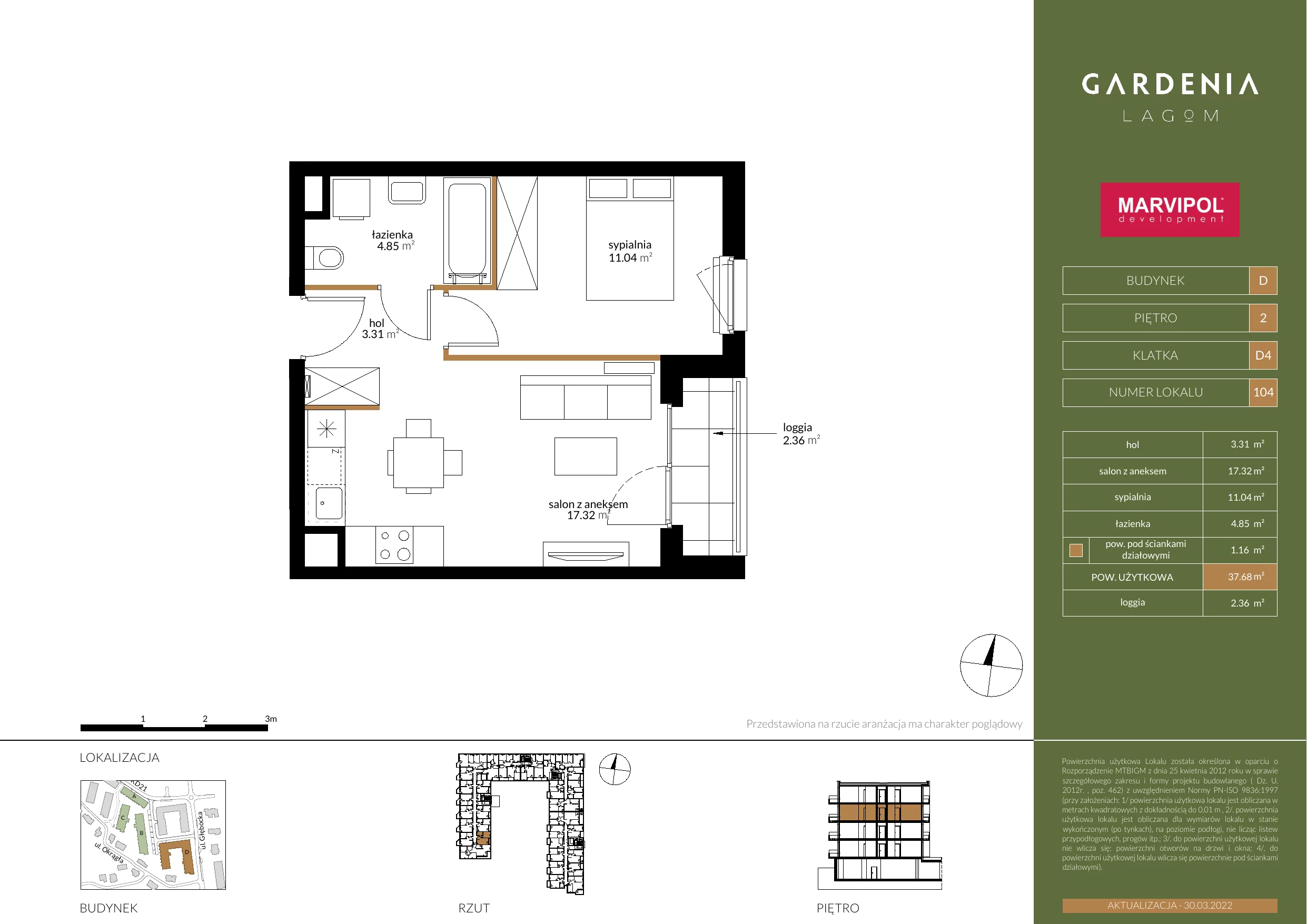 Mieszkanie 37,68 m², piętro 2, oferta nr D104, Gardenia Lagom, Warszawa, Białołęka, Grodzisk, ul. Głębocka 117