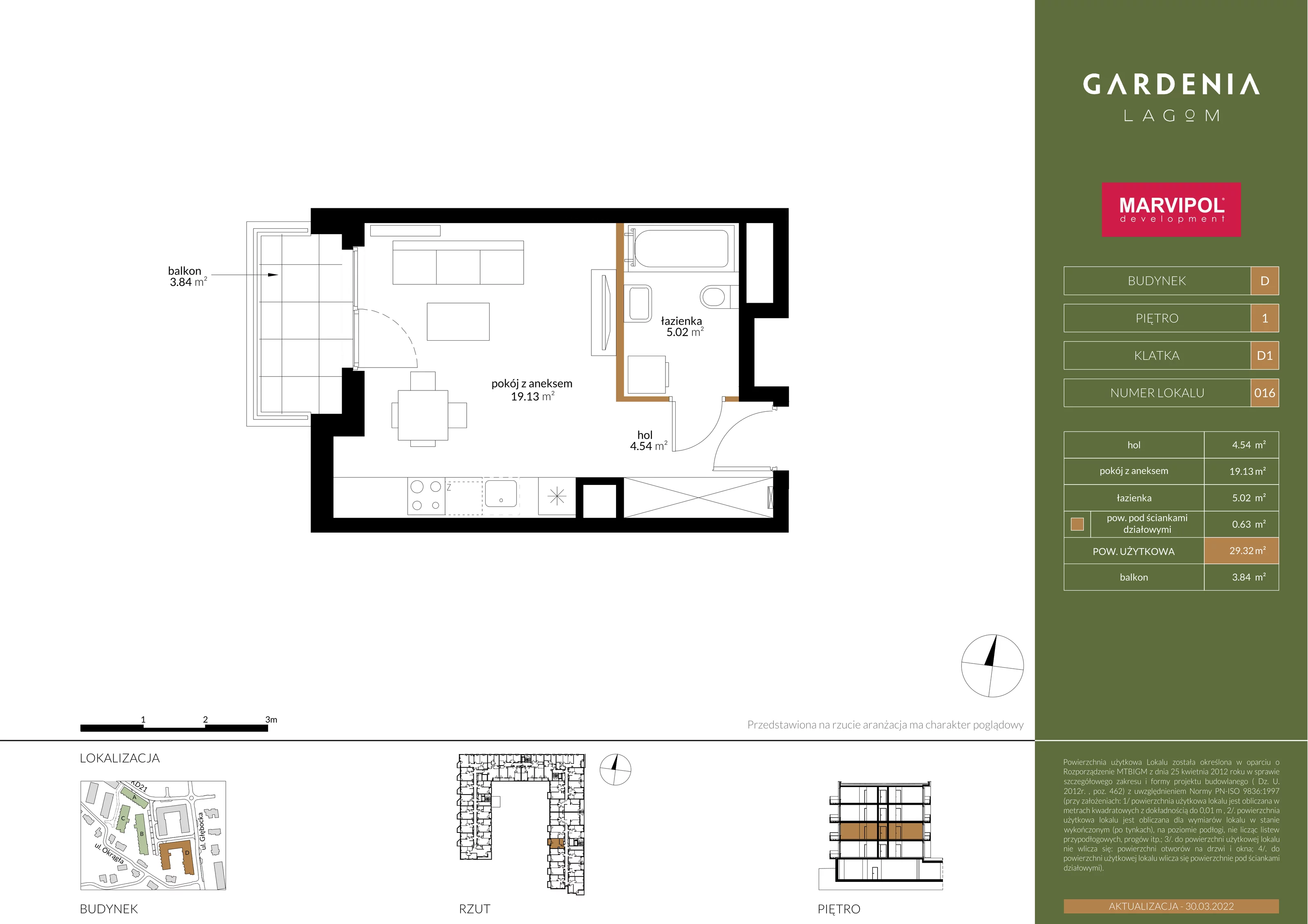 1 pokój, mieszkanie 29,32 m², piętro 1, oferta nr D/D016, Gardenia Lagom, Warszawa, Białołęka, Grodzisk, ul. Głębocka 117