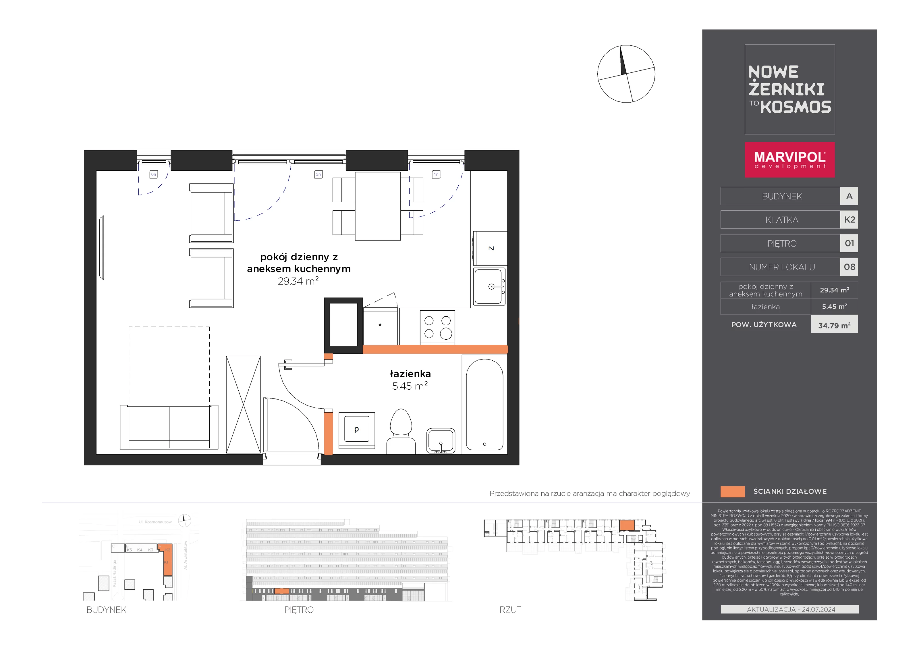 Mieszkanie 34,79 m², piętro 1, oferta nr A-01-08-K2, Nowe Żerniki to KOSMOS, Wrocław, Żerniki, ul. Kosmonautów / al. Architektów