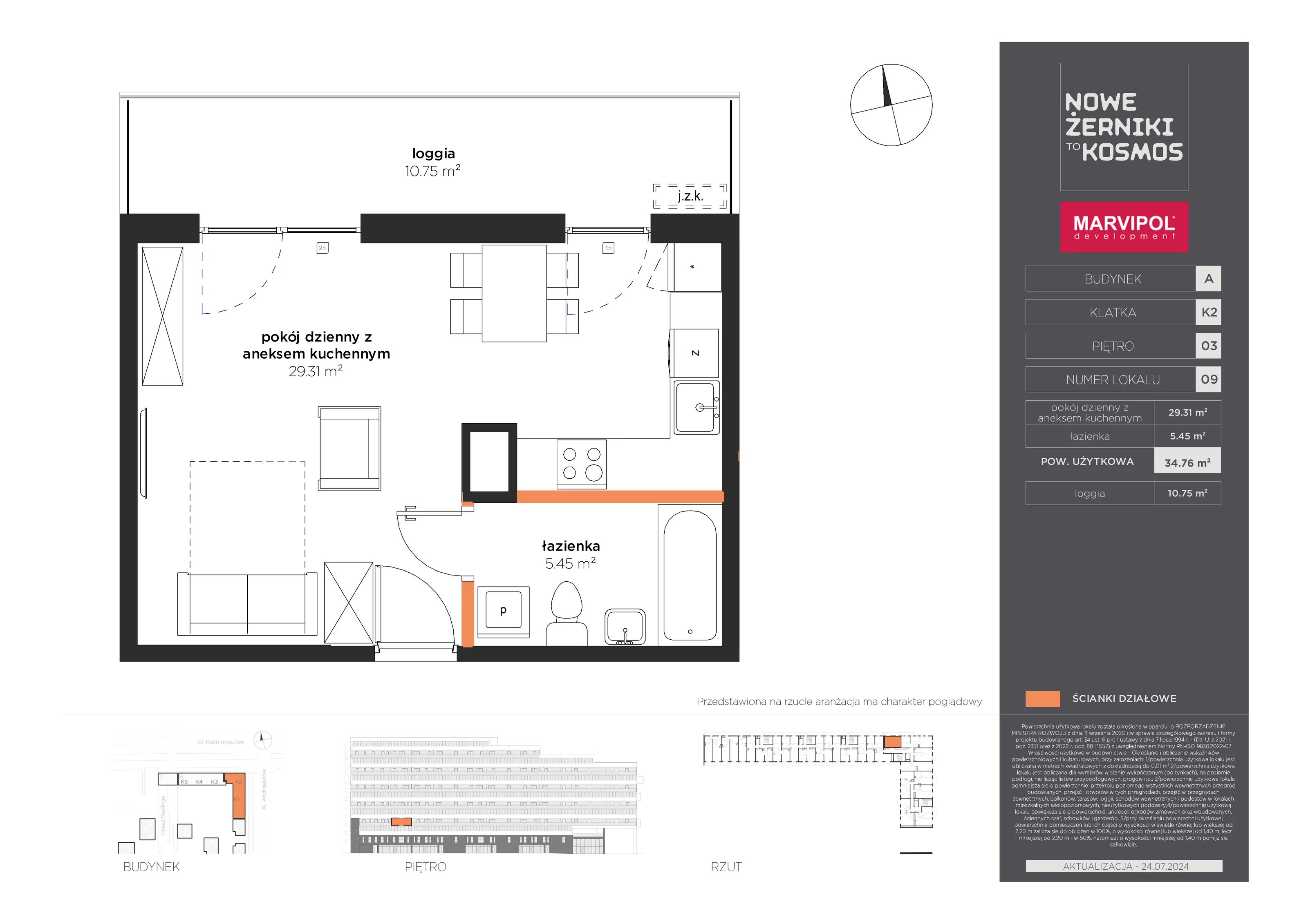 Mieszkanie 34,76 m², piętro 3, oferta nr A-03-09-K2, Nowe Żerniki to KOSMOS, Wrocław, Żerniki, ul. Kosmonautów / al. Architektów