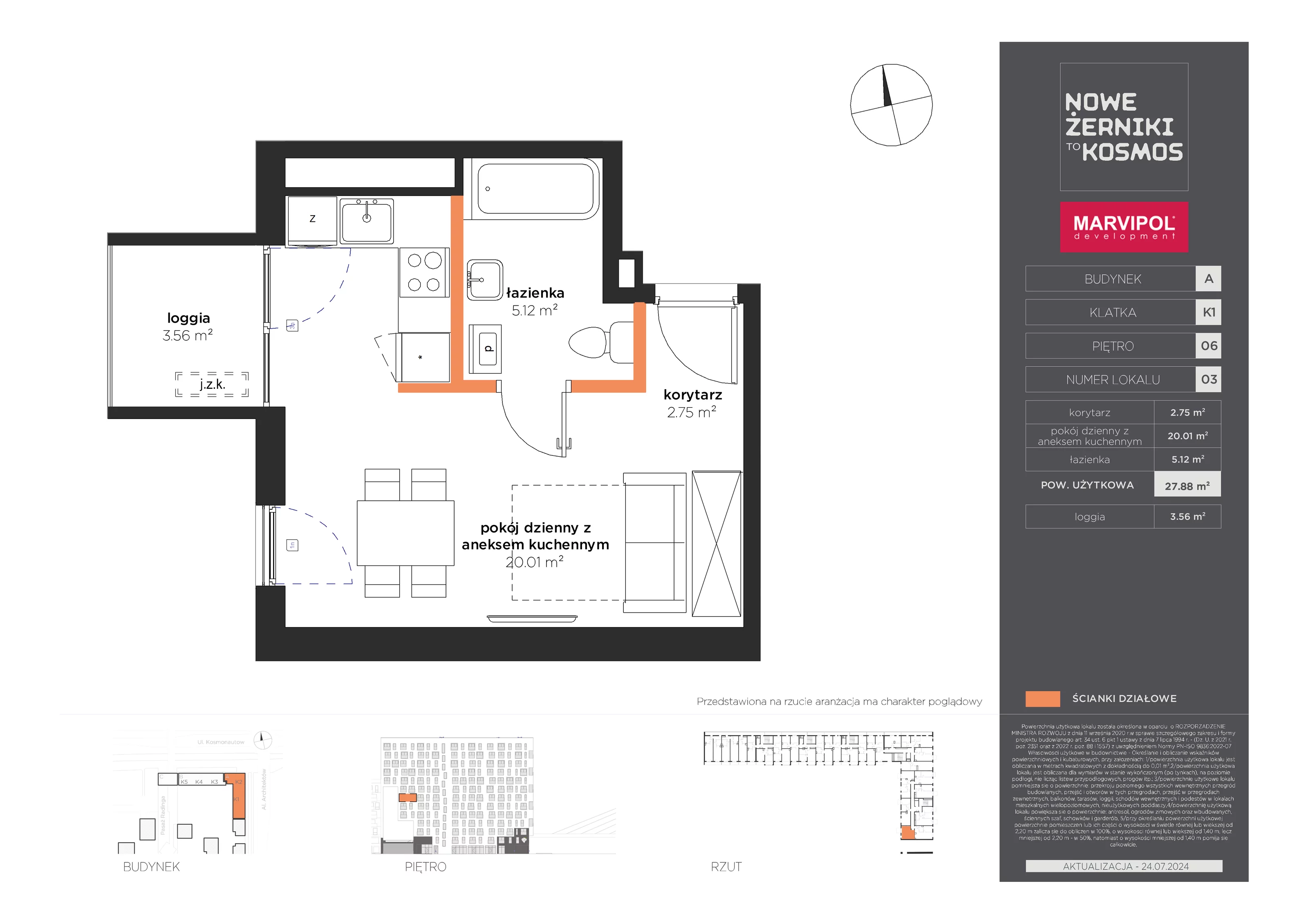 Mieszkanie 27,88 m², piętro 6, oferta nr A-06-03-K1, Nowe Żerniki to KOSMOS, Wrocław, Żerniki, ul. Kosmonautów / al. Architektów