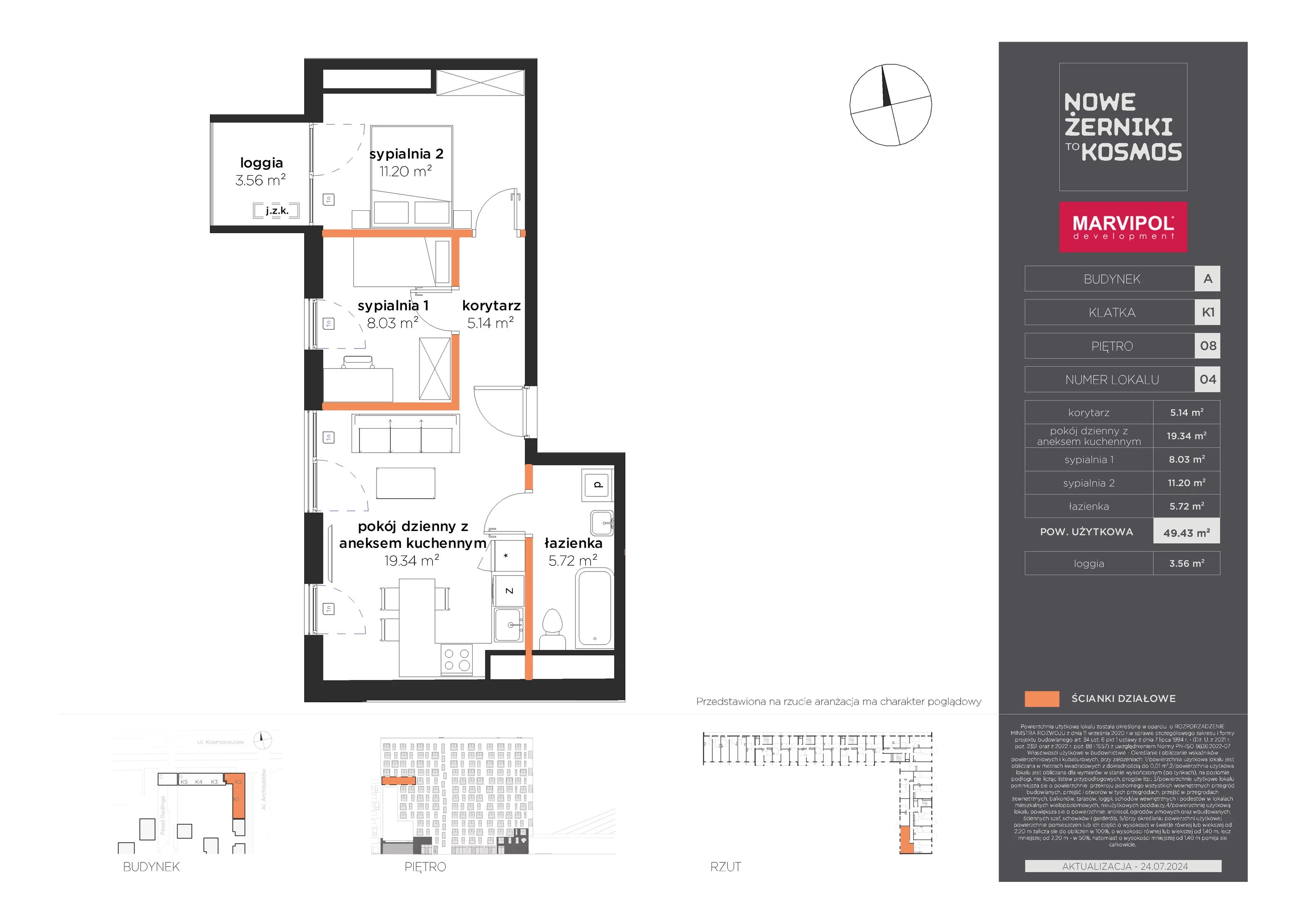 Mieszkanie 49,43 m², piętro 8, oferta nr A-08-04-K1, Nowe Żerniki to KOSMOS, Wrocław, Żerniki, ul. Kosmonautów / al. Architektów