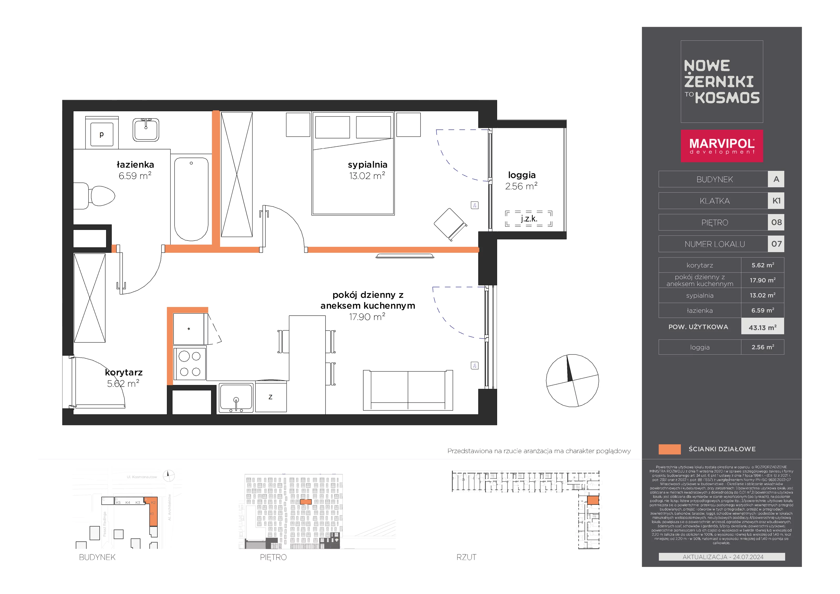 Mieszkanie 43,13 m², piętro 8, oferta nr A-08-07-K1, Nowe Żerniki to KOSMOS, Wrocław, Żerniki, ul. Kosmonautów / al. Architektów