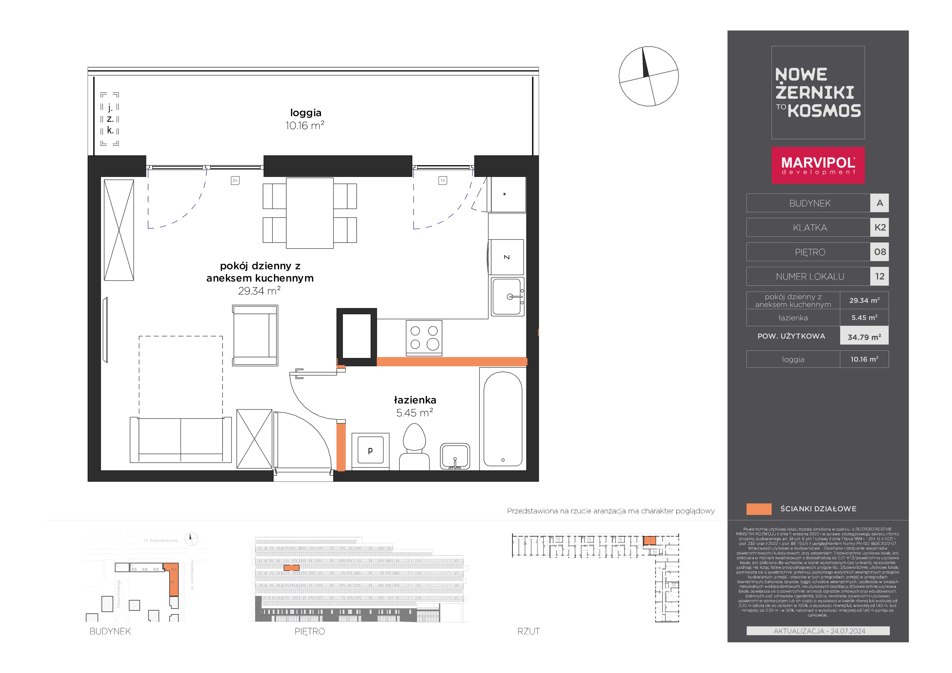 Mieszkanie 34,79 m², piętro 8, oferta nr A-08-12-K2, Nowe Żerniki to KOSMOS, Wrocław, Żerniki, ul. Kosmonautów / al. Architektów