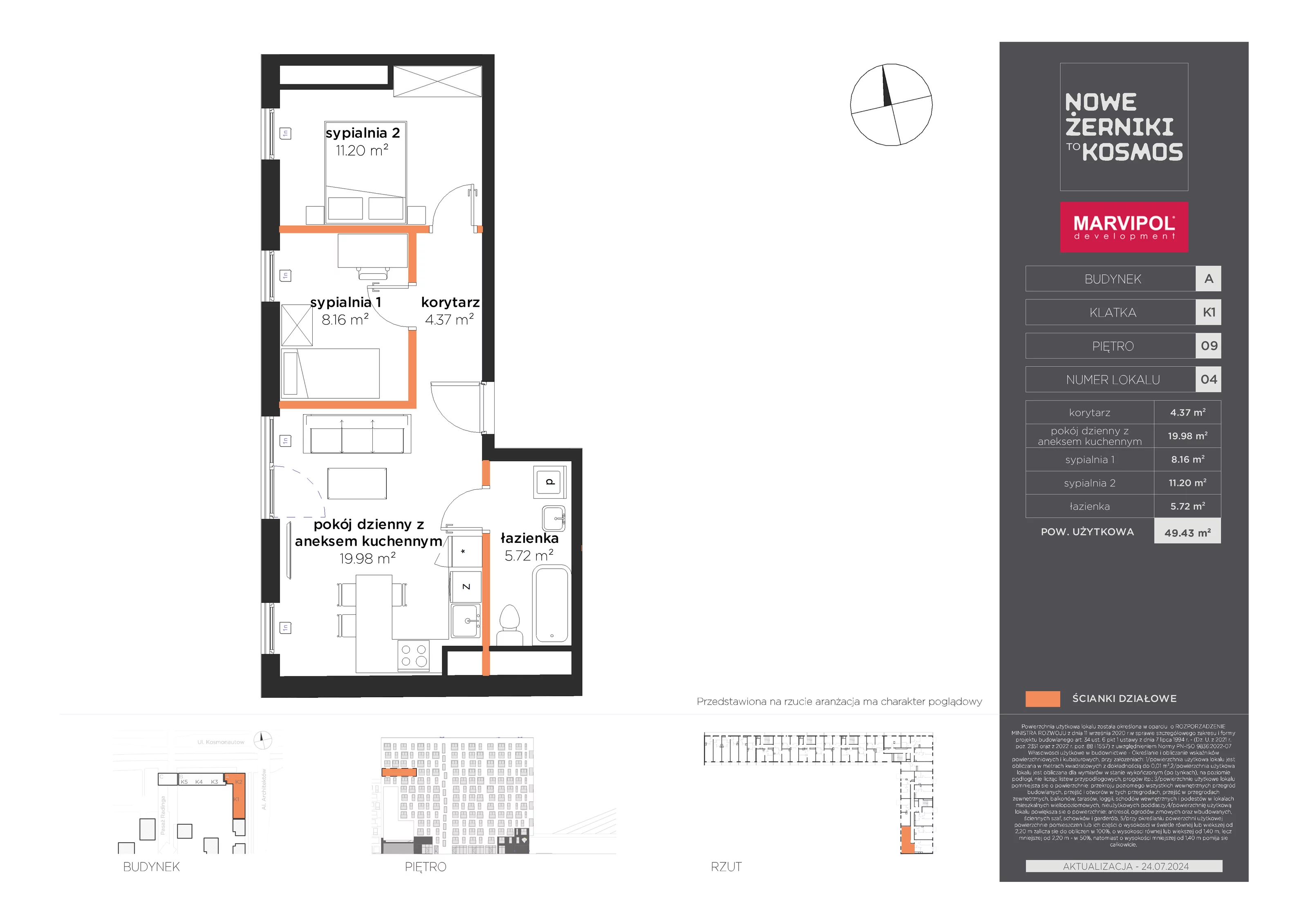 Mieszkanie 49,43 m², piętro 9, oferta nr A-09-04-K1, Nowe Żerniki to KOSMOS, Wrocław, Żerniki, ul. Kosmonautów / al. Architektów