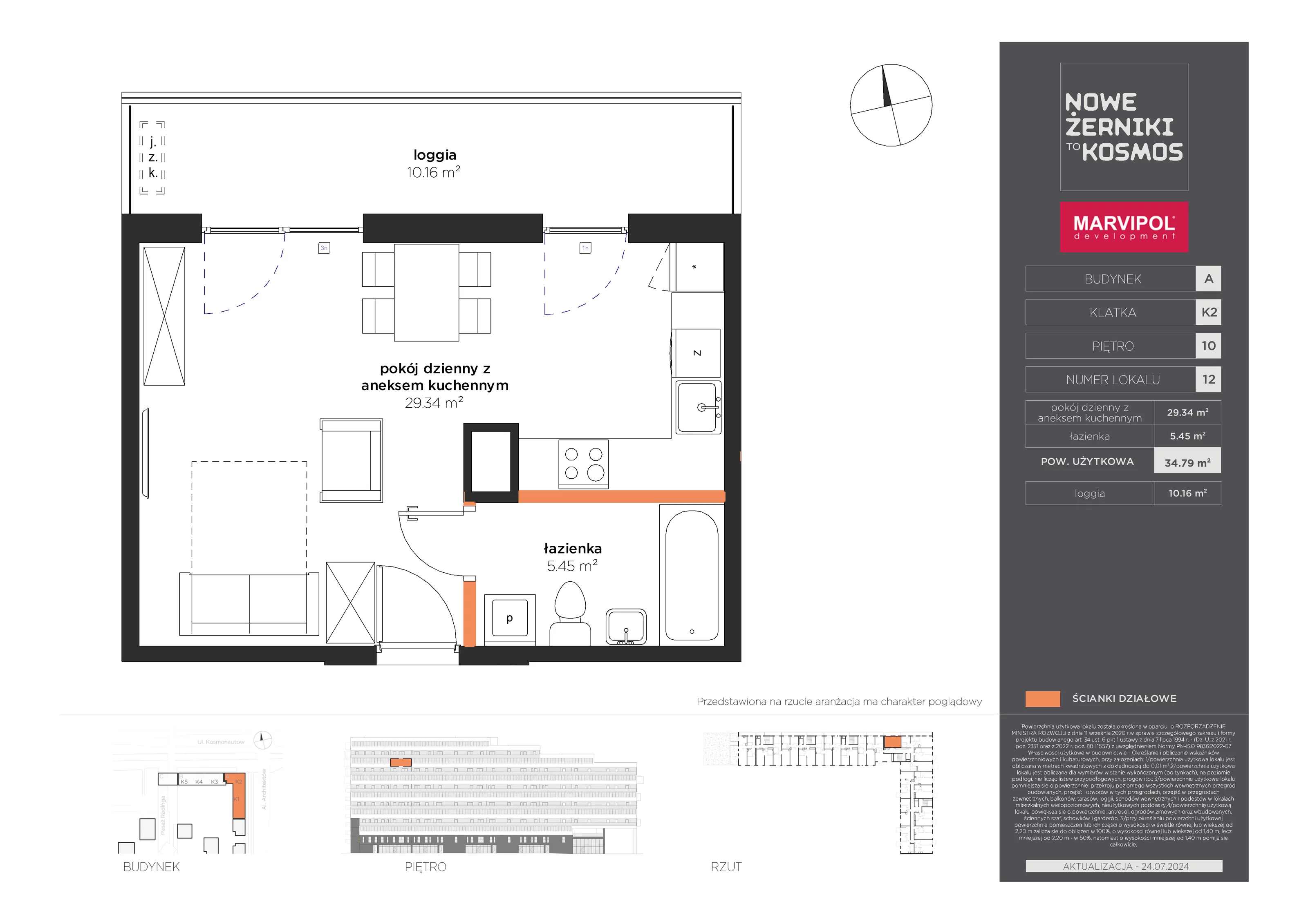 Mieszkanie 34,79 m², piętro 10, oferta nr A-10-12-K2, Nowe Żerniki to KOSMOS, Wrocław, Żerniki, ul. Kosmonautów / al. Architektów