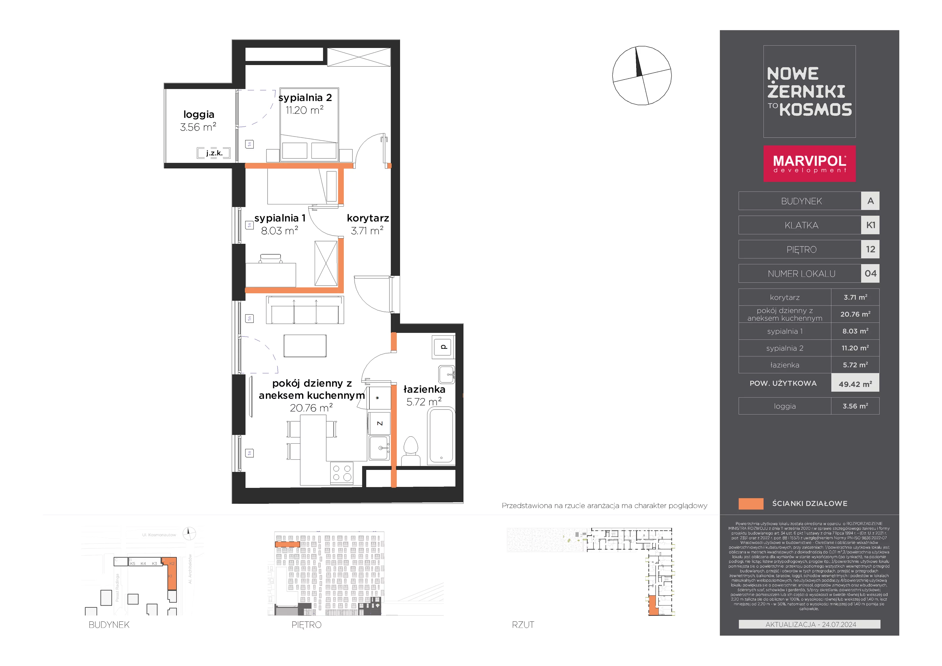 Mieszkanie 49,42 m², piętro 12, oferta nr A-12-04-K1, Nowe Żerniki to KOSMOS, Wrocław, Żerniki, ul. Kosmonautów / al. Architektów