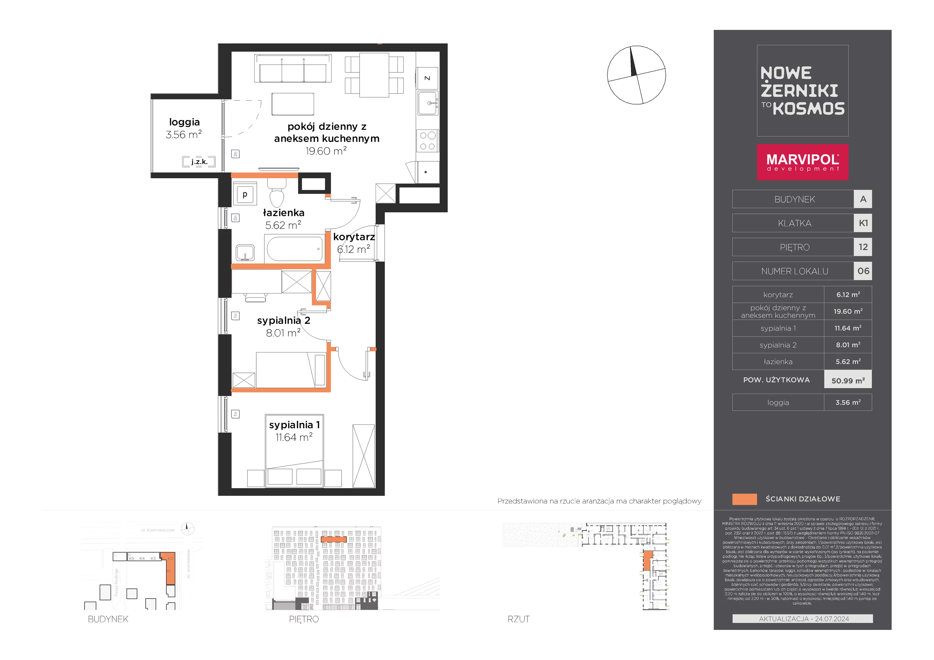 Mieszkanie 50,99 m², piętro 12, oferta nr A-12-06-K1, Nowe Żerniki to KOSMOS, Wrocław, Żerniki, ul. Kosmonautów / al. Architektów