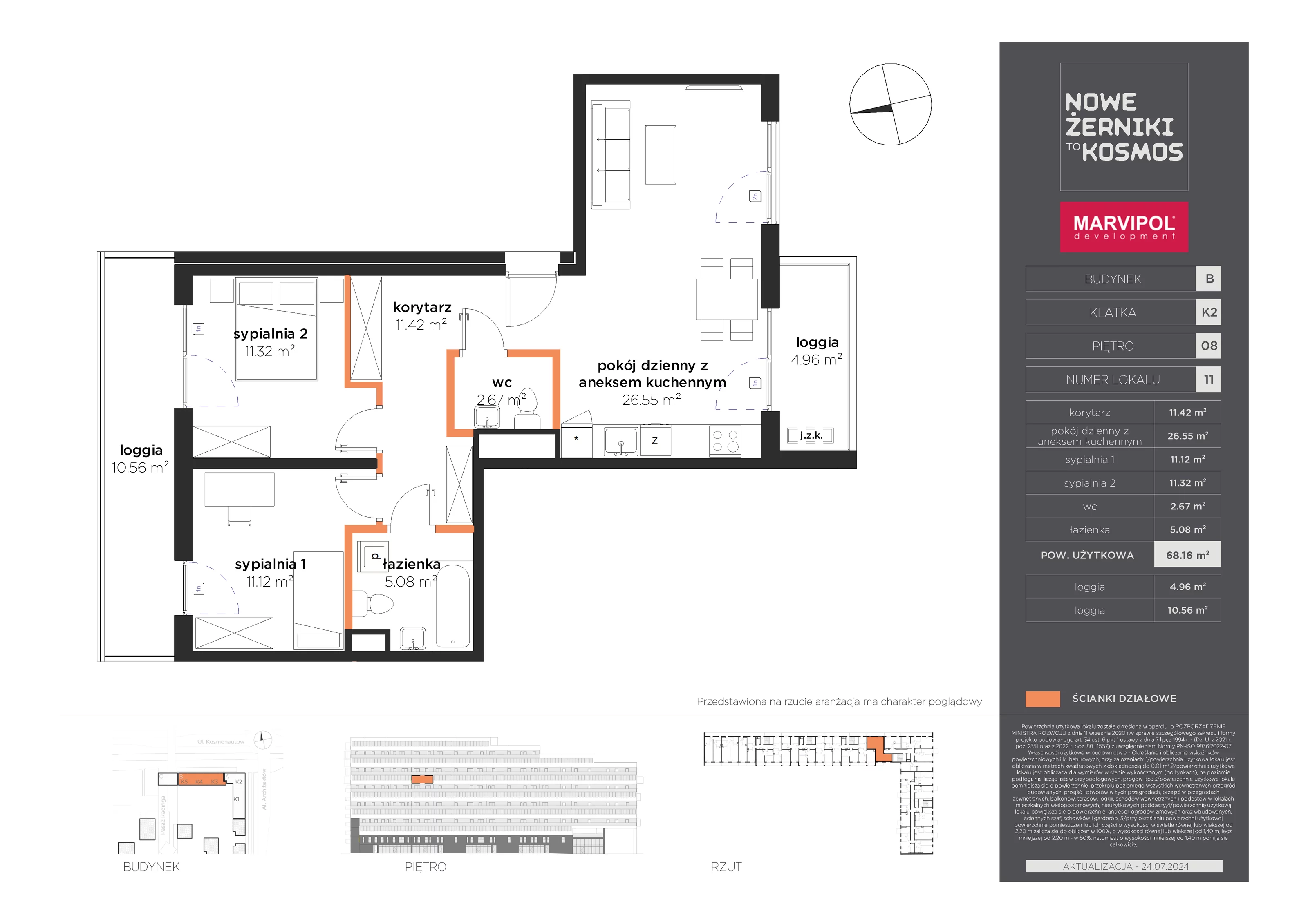 Mieszkanie 68,16 m², piętro 8, oferta nr AB-08-11-K2, Nowe Żerniki to KOSMOS, Wrocław, Żerniki, ul. Kosmonautów / al. Architektów