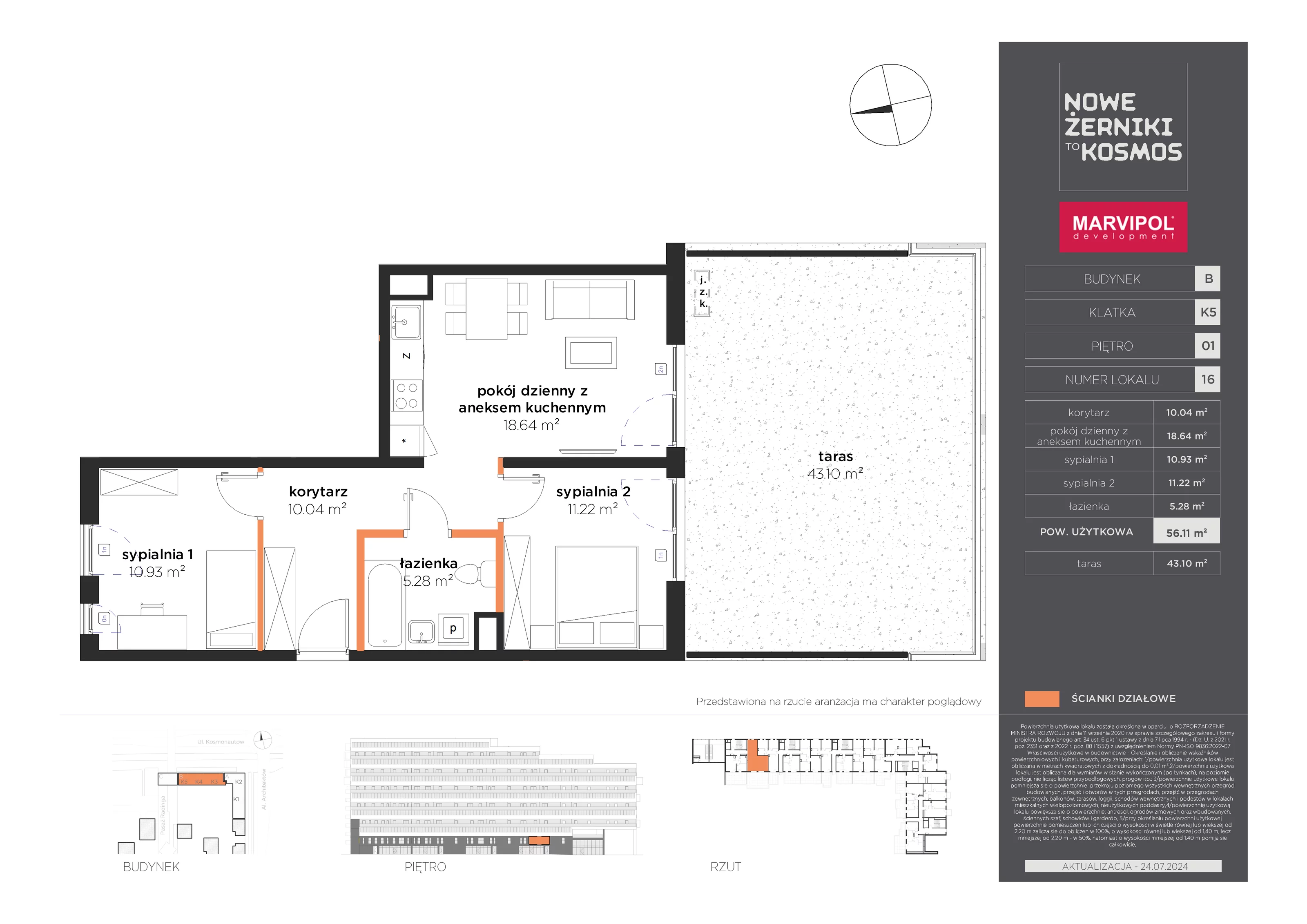 Mieszkanie 56,11 m², piętro 1, oferta nr B-01-16-K5, Nowe Żerniki to KOSMOS, Wrocław, Żerniki, ul. Kosmonautów / al. Architektów