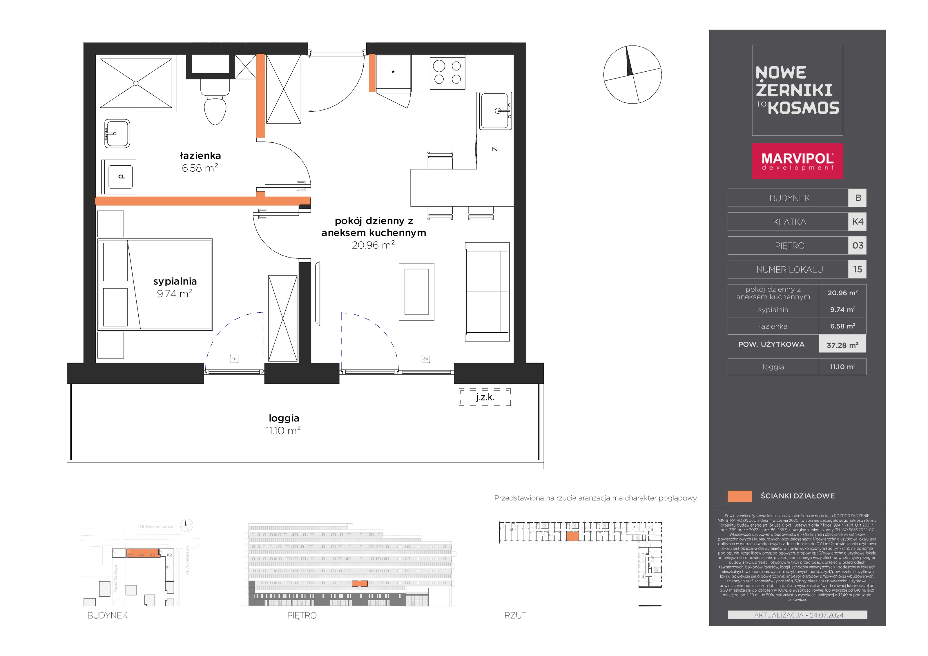 Mieszkanie 37,28 m², piętro 3, oferta nr B-03-15-K4, Nowe Żerniki to KOSMOS, Wrocław, Żerniki, ul. Kosmonautów / al. Architektów