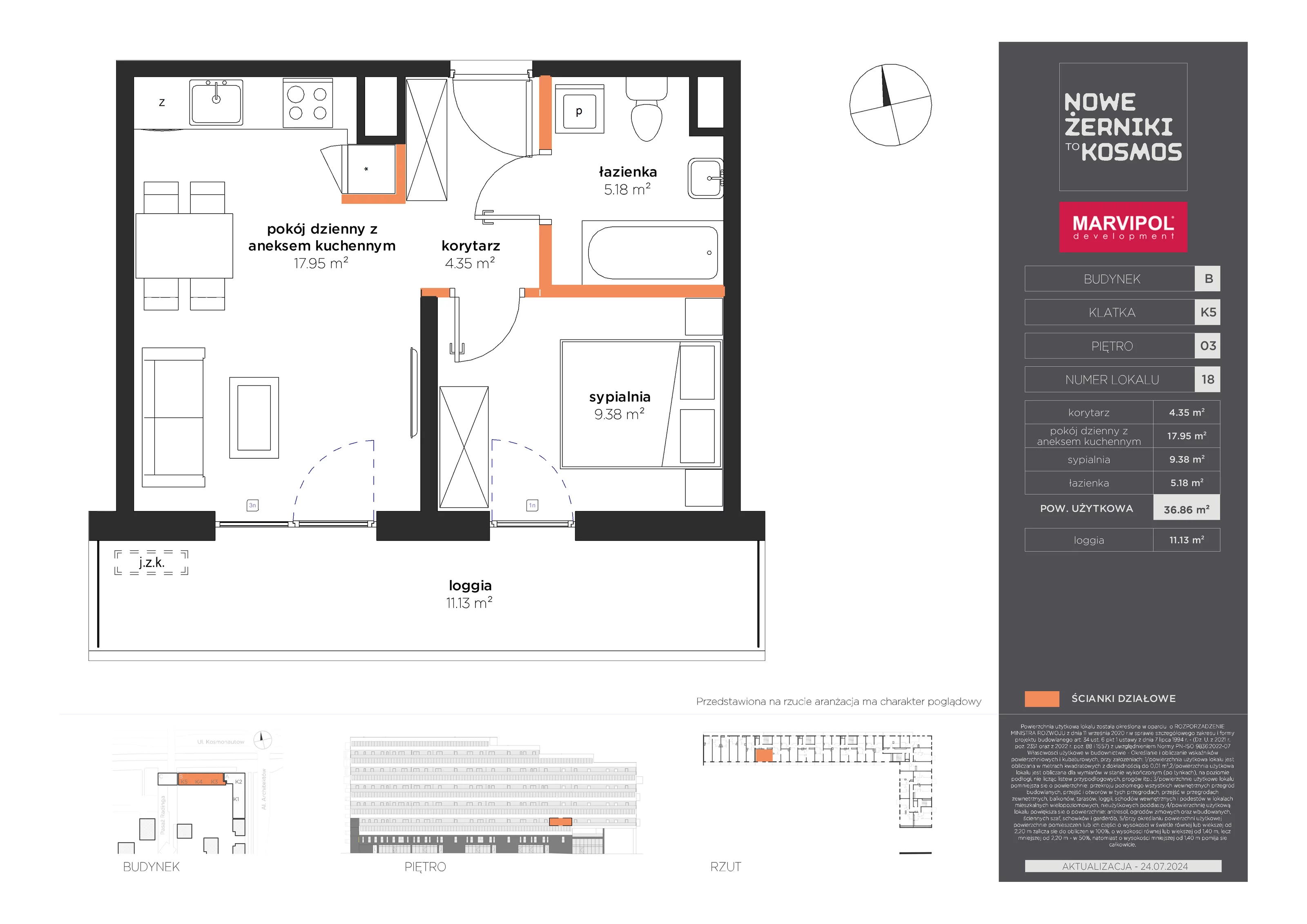 Mieszkanie 36,86 m², piętro 3, oferta nr B-03-18-K5, Nowe Żerniki to KOSMOS, Wrocław, Żerniki, ul. Kosmonautów / al. Architektów