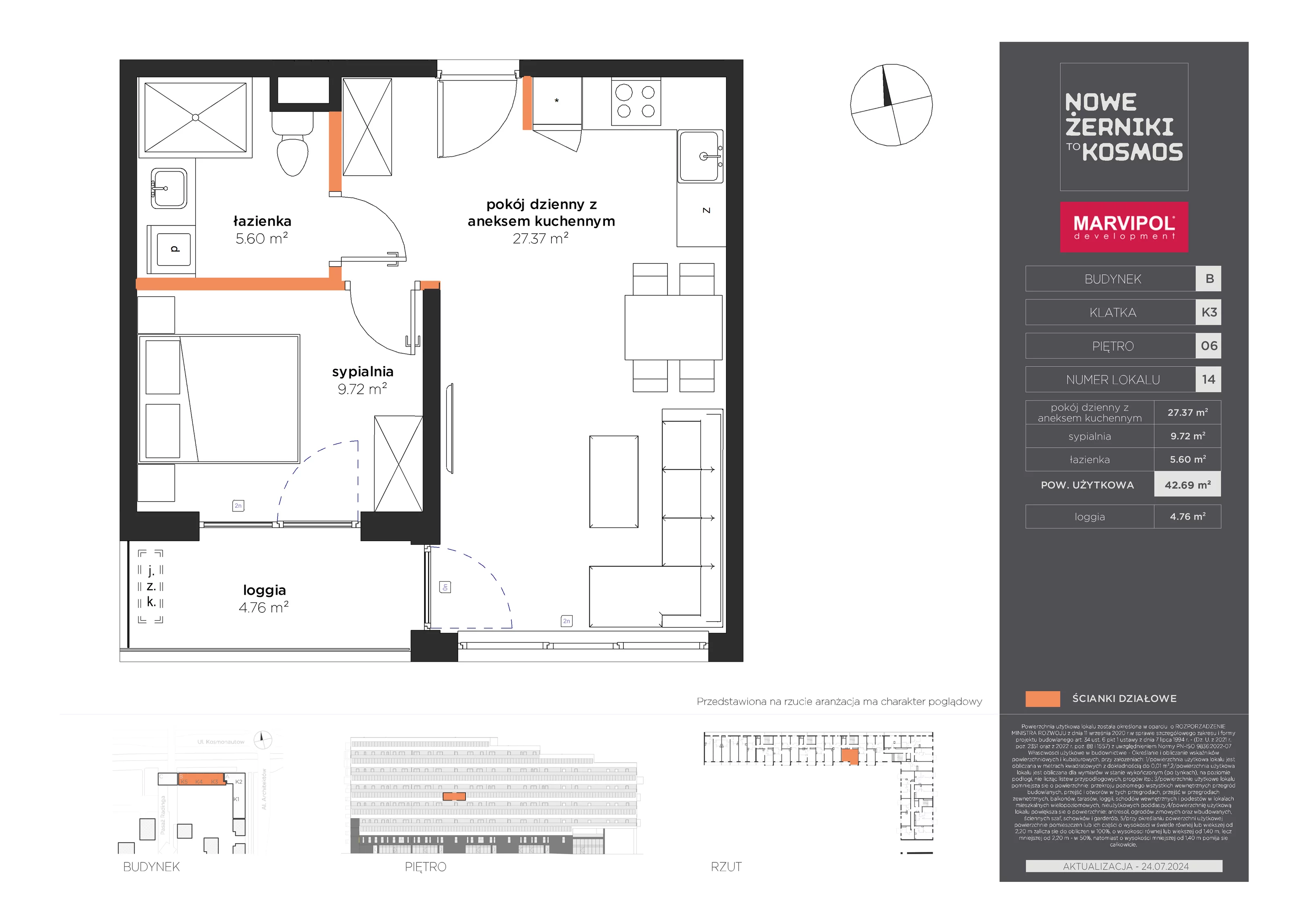 Mieszkanie 42,69 m², piętro 6, oferta nr B-06-14-K3, Nowe Żerniki to KOSMOS, Wrocław, Żerniki, ul. Kosmonautów / al. Architektów