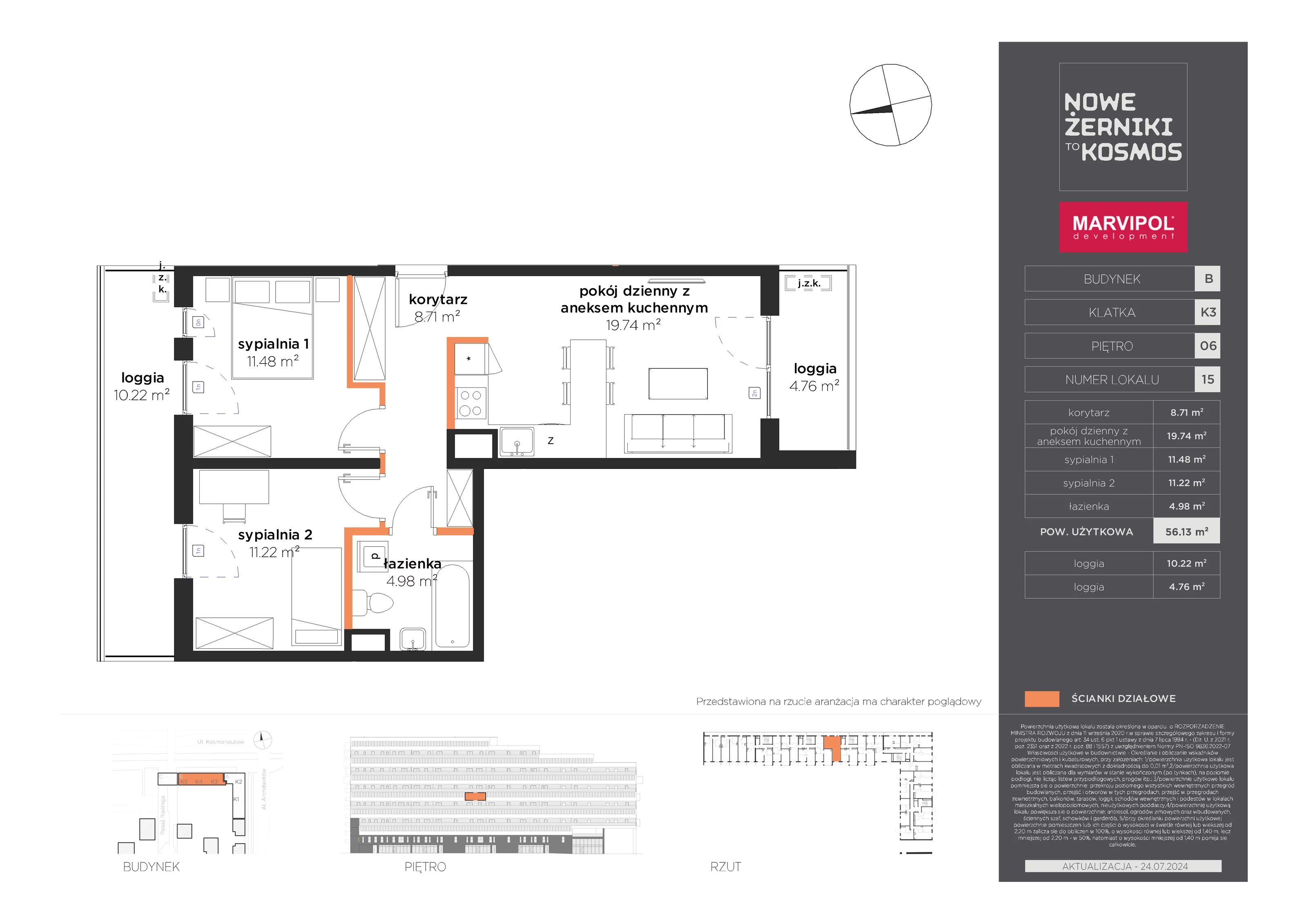 Mieszkanie 56,13 m², piętro 6, oferta nr B-06-15-K3, Nowe Żerniki to KOSMOS, Wrocław, Żerniki, ul. Kosmonautów / al. Architektów