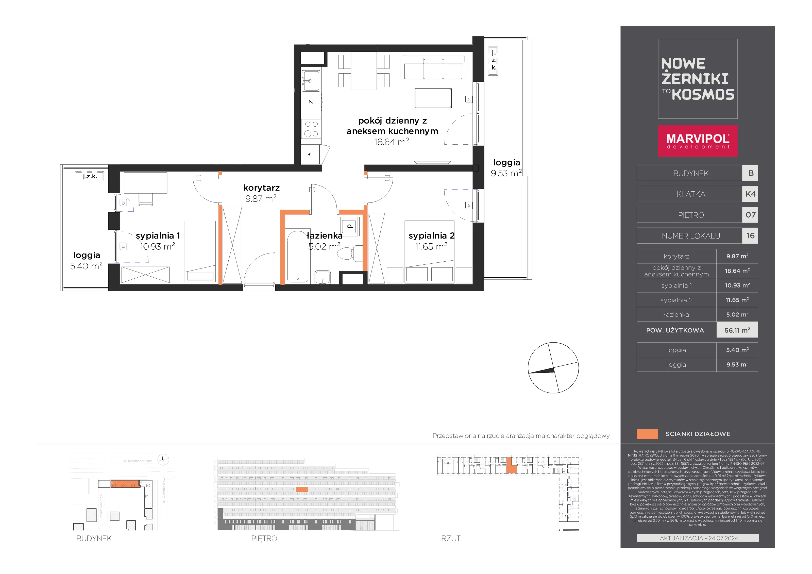 Mieszkanie 56,11 m², piętro 7, oferta nr B-07-16-K4, Nowe Żerniki to KOSMOS, Wrocław, Żerniki, ul. Kosmonautów / al. Architektów