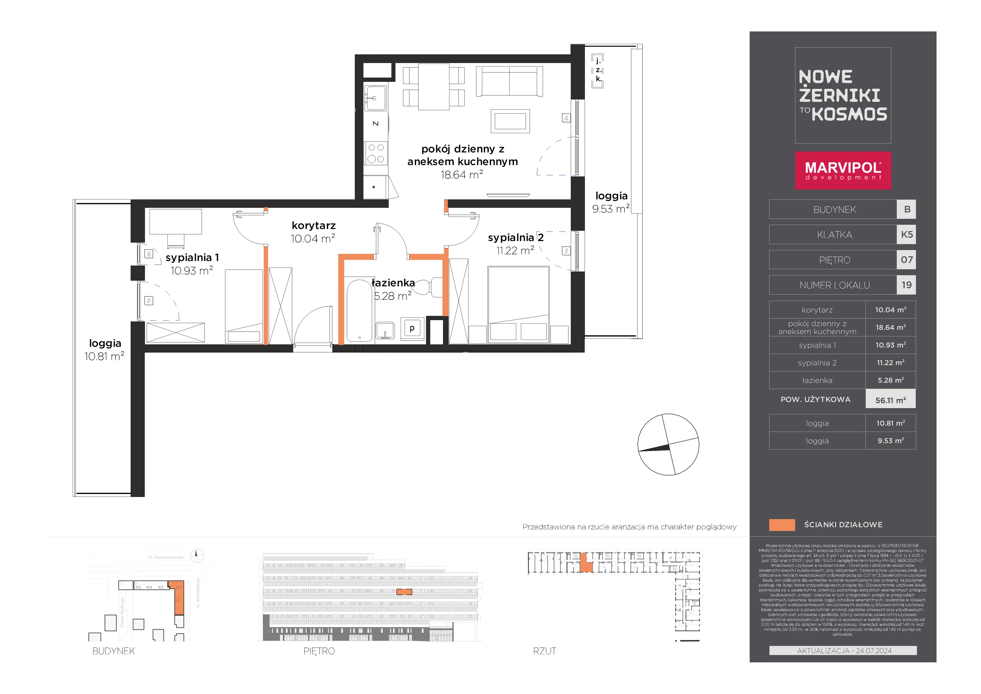 Mieszkanie 56,11 m², piętro 7, oferta nr B-07-19-K5, Nowe Żerniki to KOSMOS, Wrocław, Żerniki, ul. Kosmonautów / al. Architektów