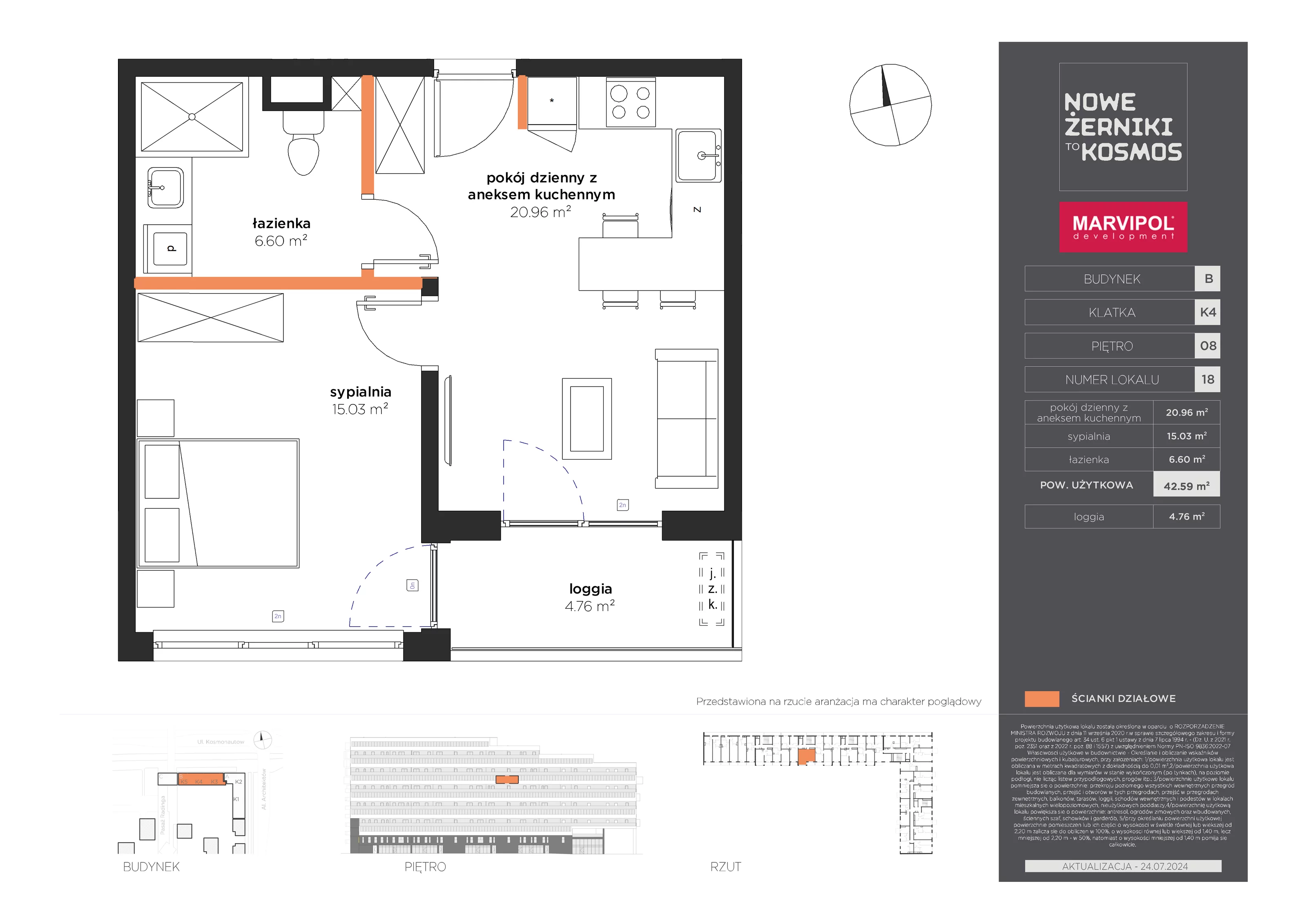 Mieszkanie 42,59 m², piętro 8, oferta nr B-08-18-K4, Nowe Żerniki to KOSMOS, Wrocław, Żerniki, ul. Kosmonautów / al. Architektów