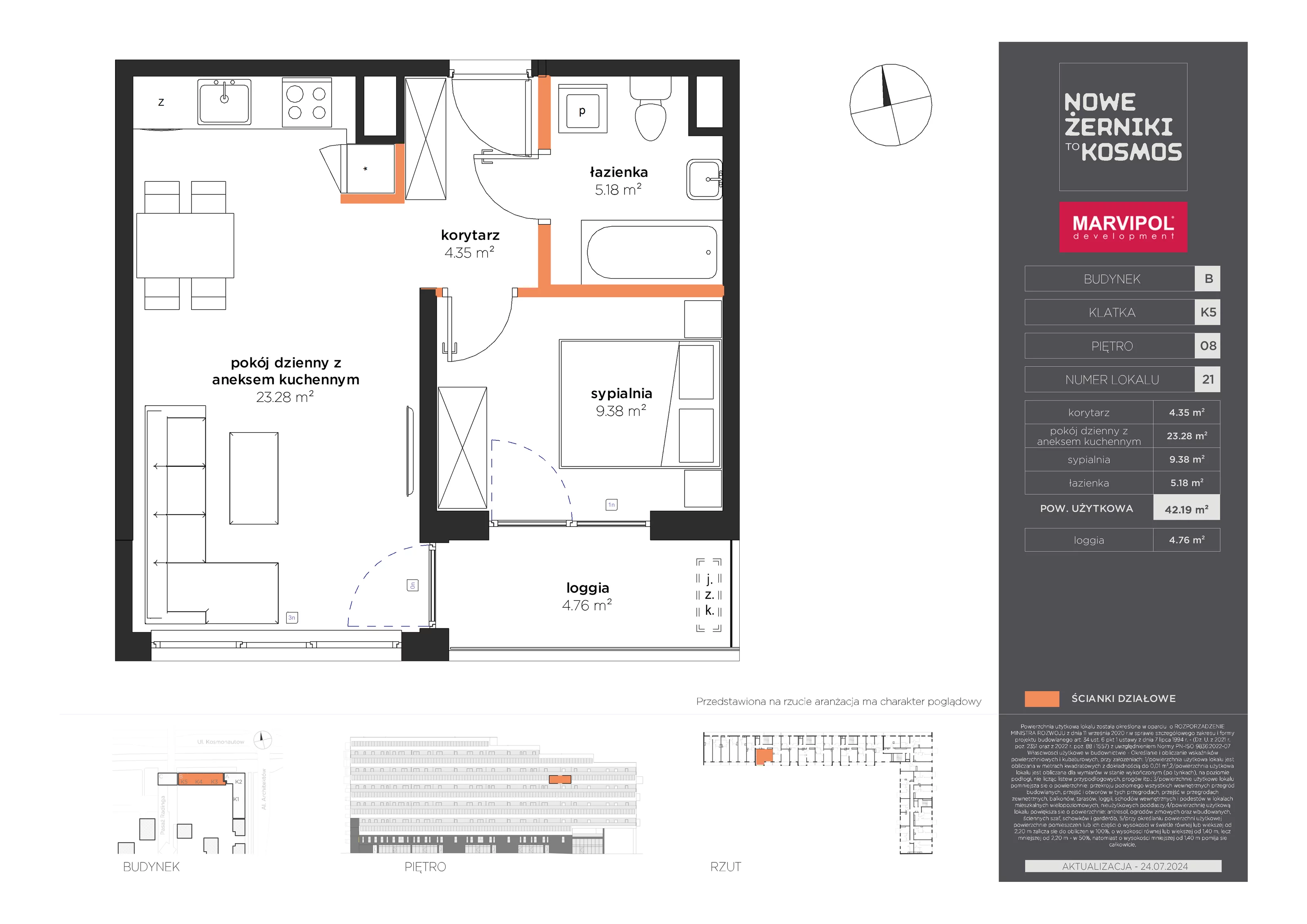 Mieszkanie 42,19 m², piętro 8, oferta nr B-08-21-K5, Nowe Żerniki to KOSMOS, Wrocław, Żerniki, ul. Kosmonautów / al. Architektów