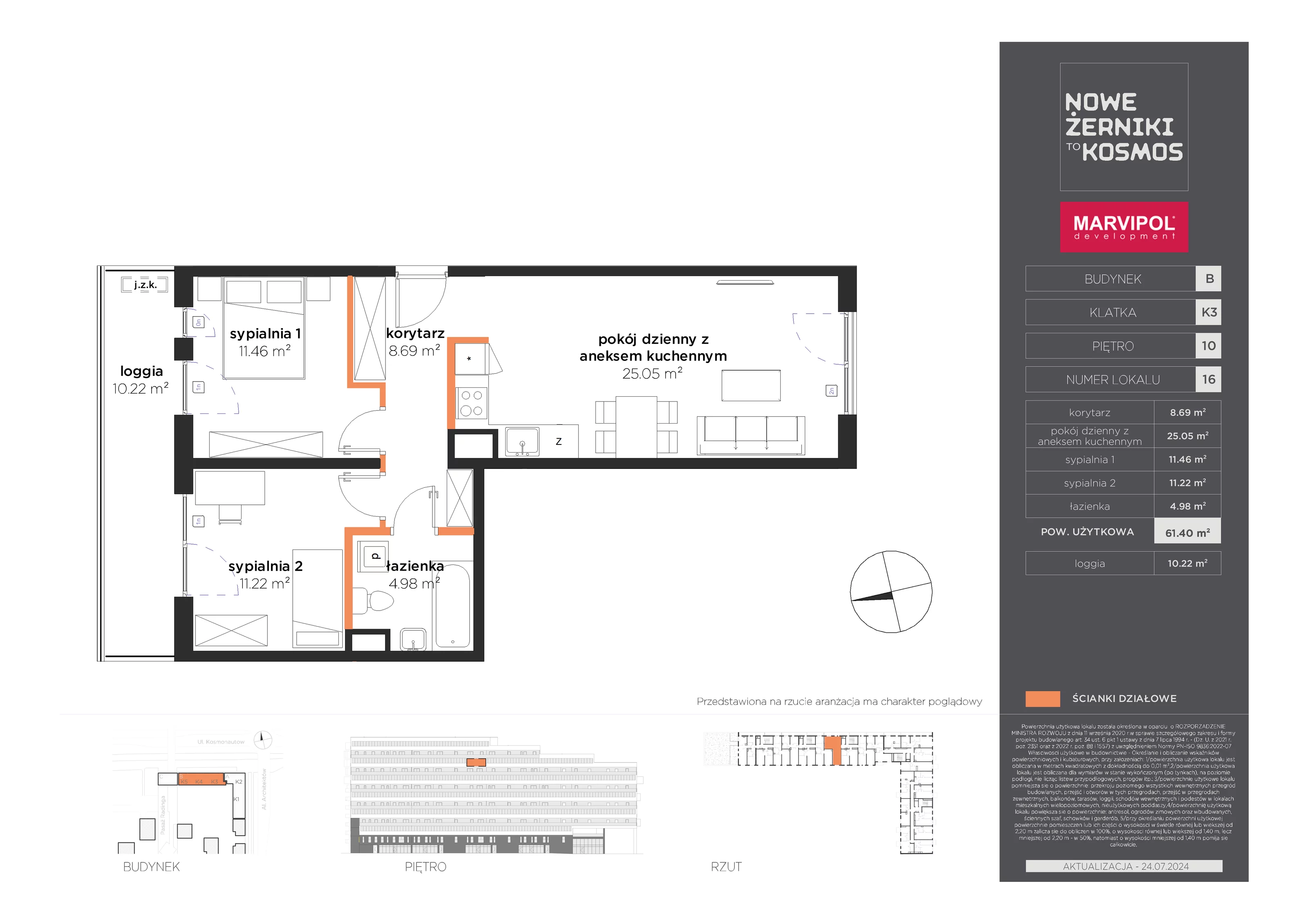 Mieszkanie 61,40 m², piętro 10, oferta nr B-10-16-K3, Nowe Żerniki to KOSMOS, Wrocław, Żerniki, ul. Kosmonautów / al. Architektów