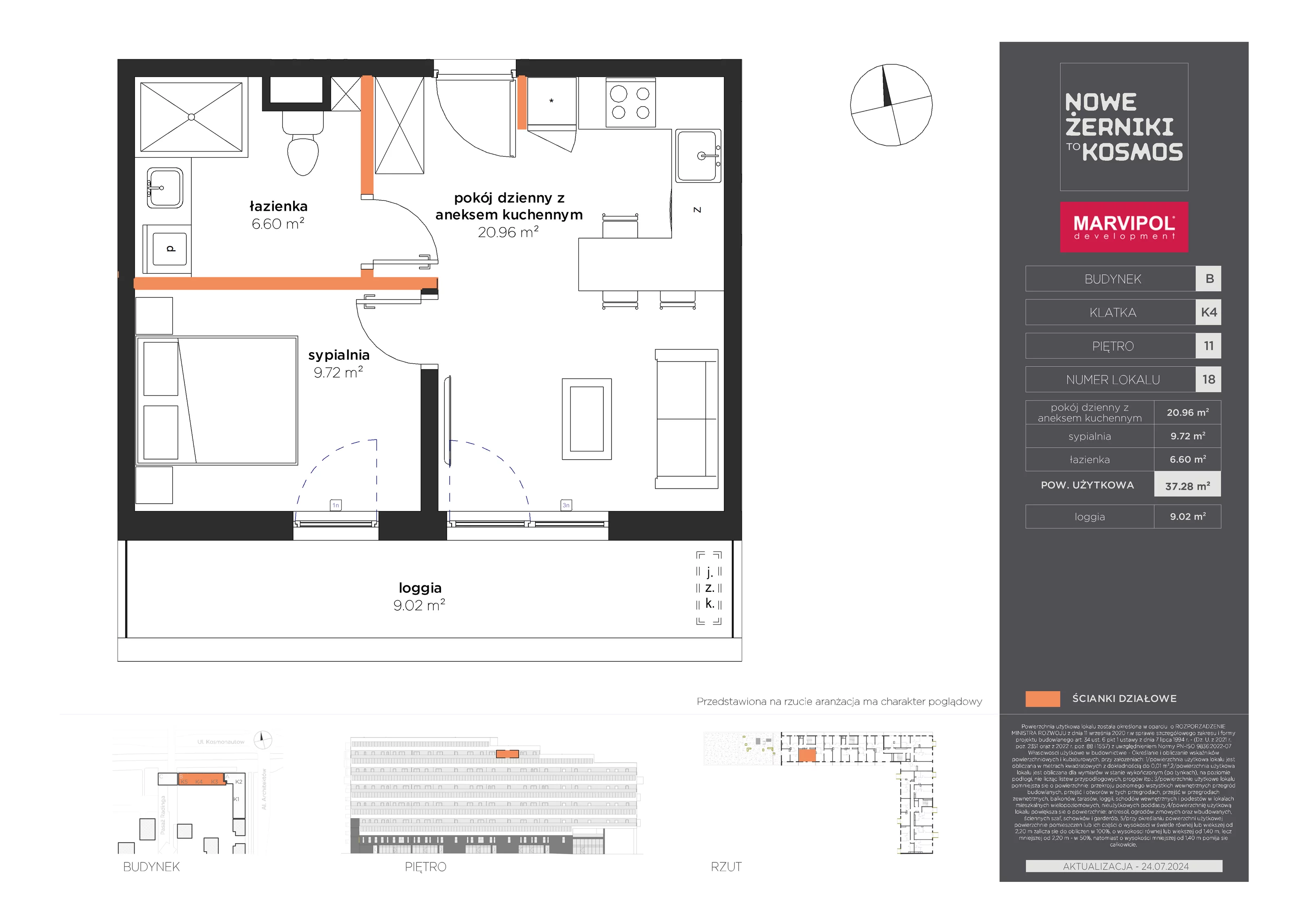 Mieszkanie 37,28 m², piętro 11, oferta nr B-11-18-K4, Nowe Żerniki to KOSMOS, Wrocław, Żerniki, ul. Kosmonautów / al. Architektów