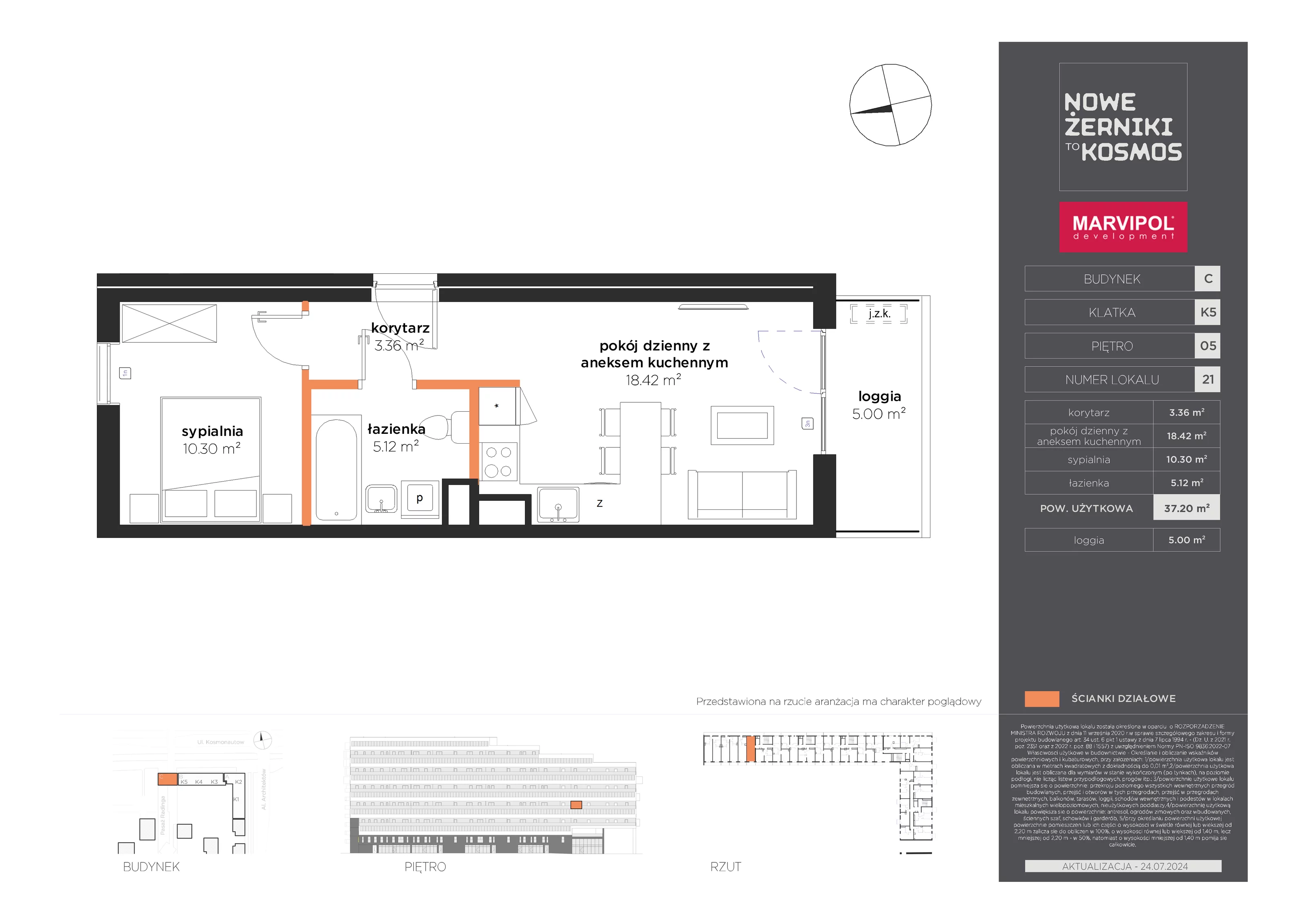 Mieszkanie 37,20 m², piętro 5, oferta nr C-05-21-K5, Nowe Żerniki to KOSMOS, Wrocław, Żerniki, ul. Kosmonautów / al. Architektów