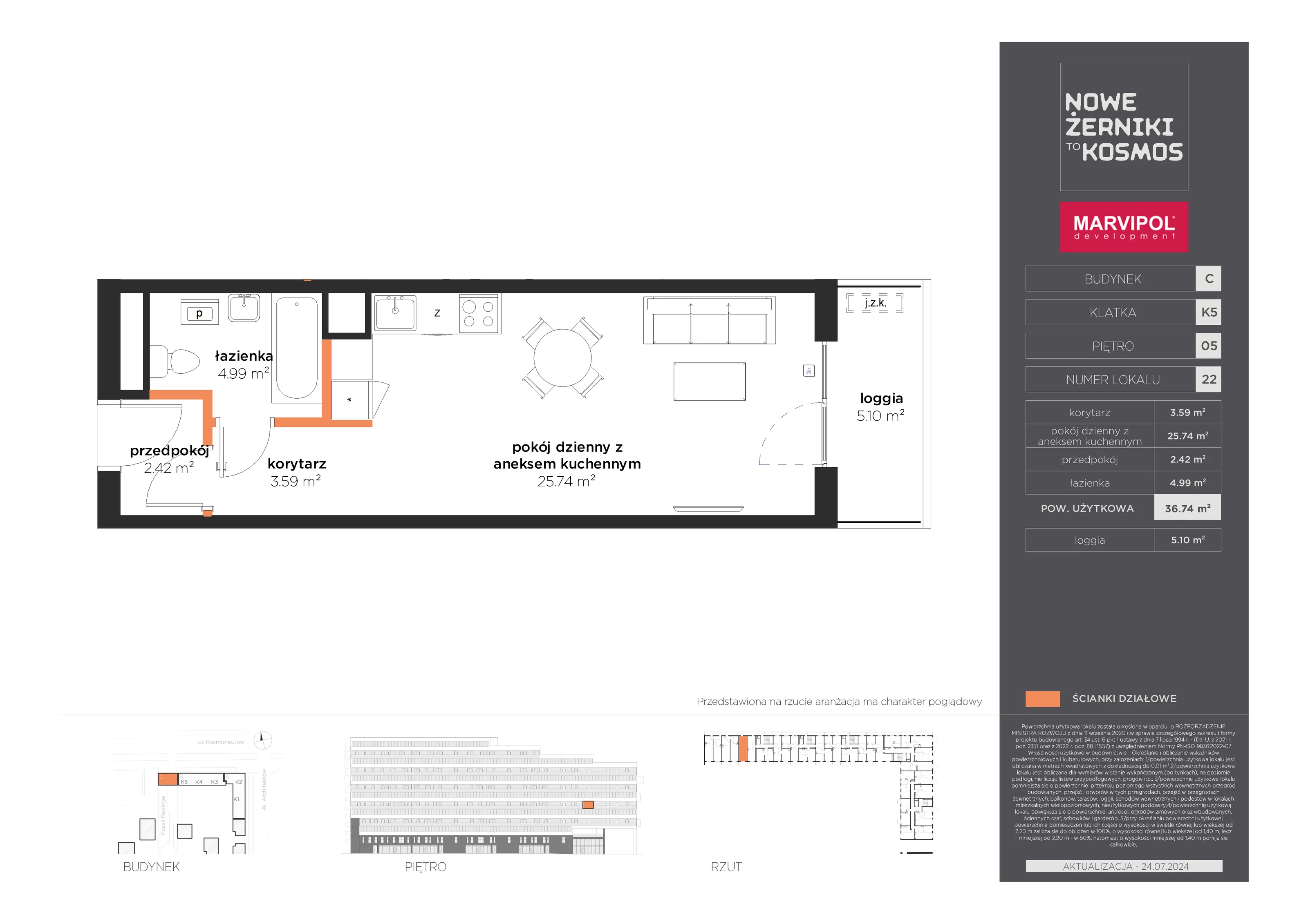 Mieszkanie 36,74 m², piętro 5, oferta nr C-05-22-K5, Nowe Żerniki to KOSMOS, Wrocław, Żerniki, ul. Kosmonautów / al. Architektów