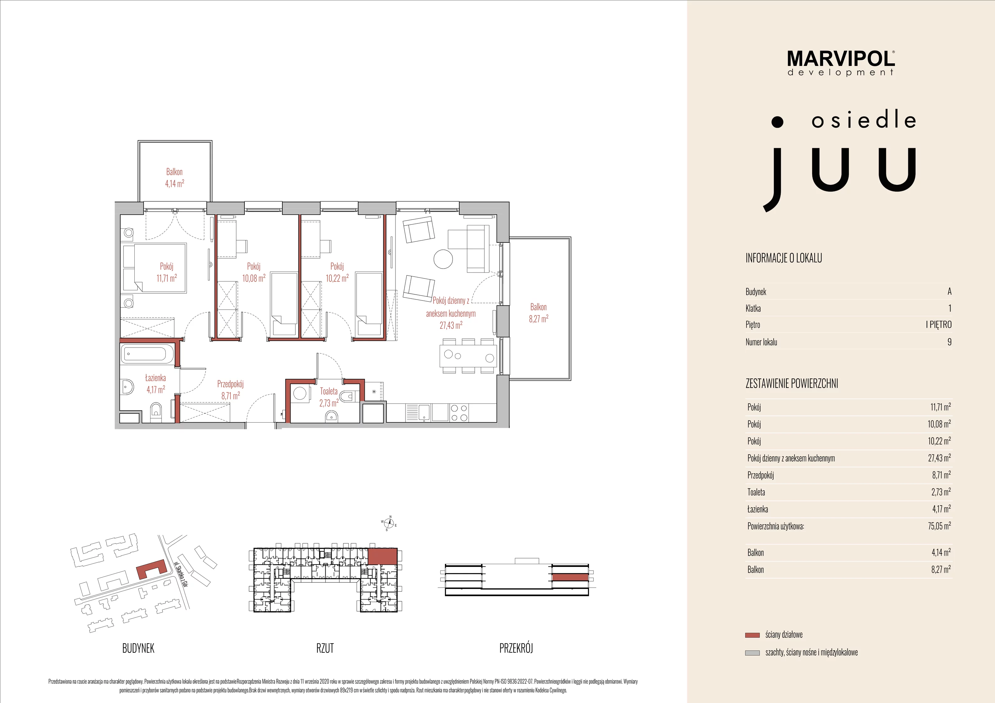 Mieszkanie 75,05 m², piętro 1, oferta nr A_M009, Osiedle Juu, Warszawa, Białołęka, Grodzisk, ul. Skarbka z Gór 47