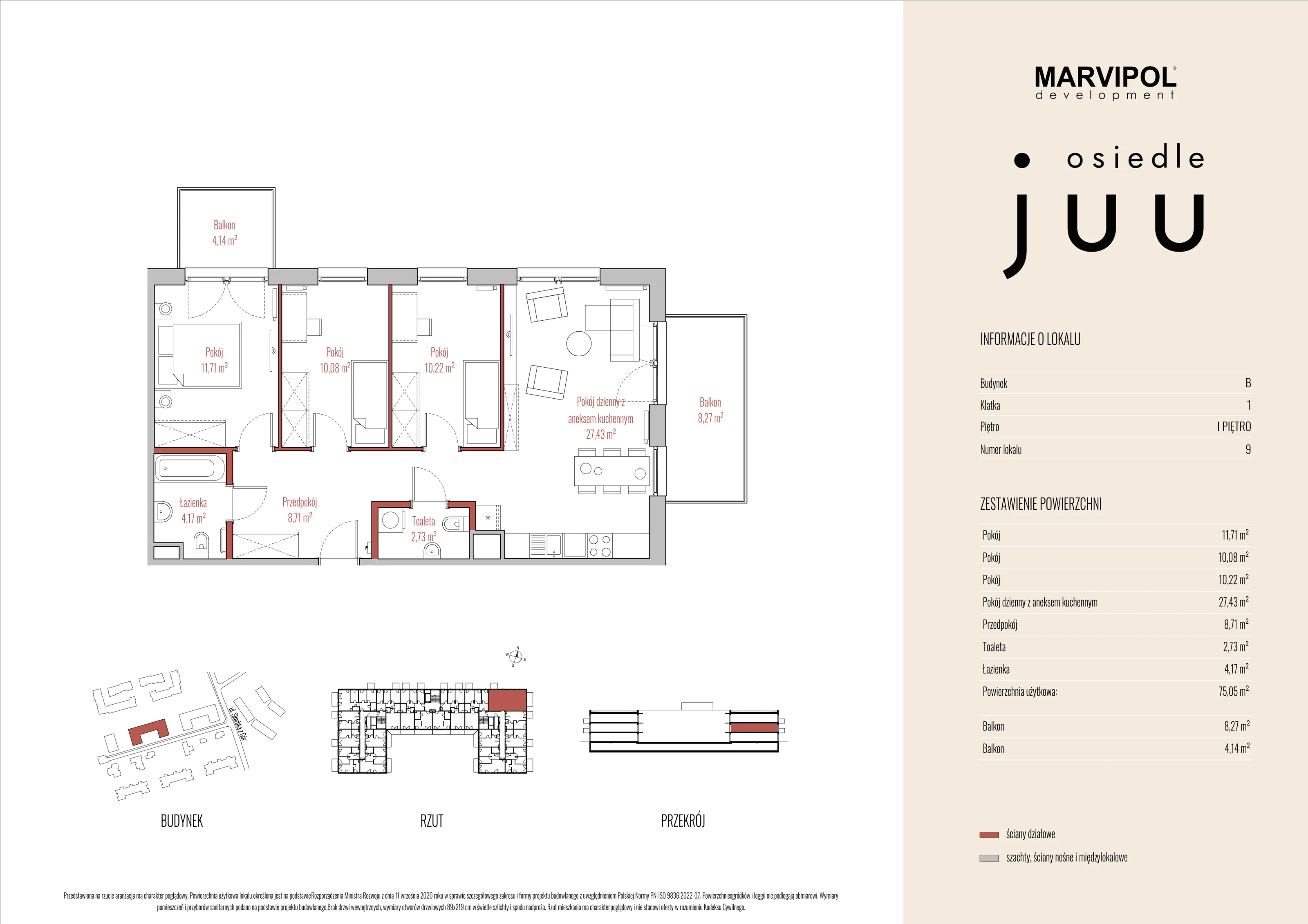 Mieszkanie 75,05 m², piętro 1, oferta nr B_M009, Osiedle Juu, Warszawa, Białołęka, Grodzisk, ul. Skarbka z Gór 47