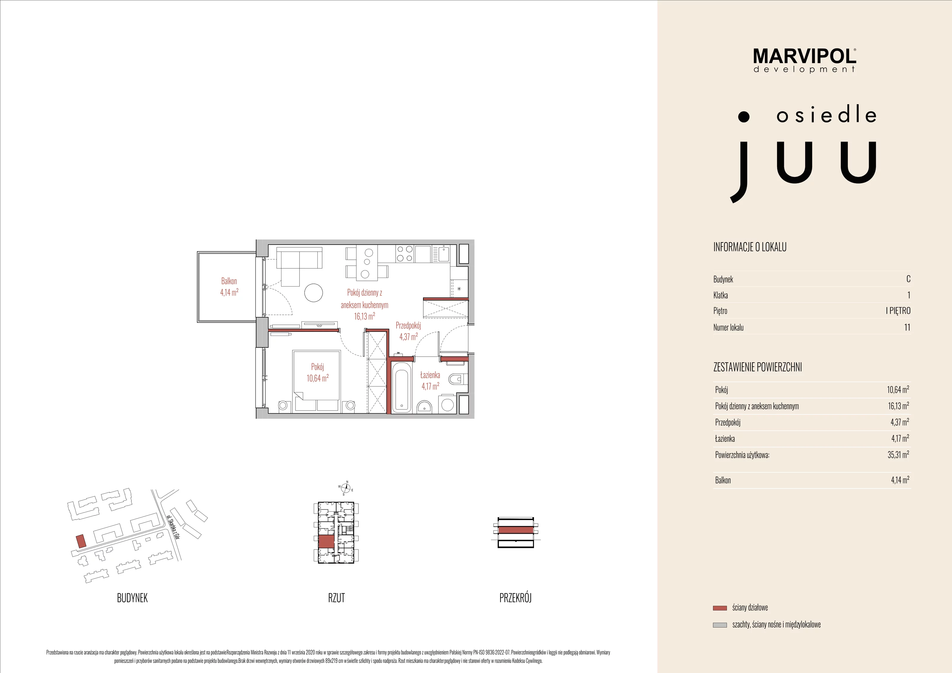 Mieszkanie 35,31 m², piętro 1, oferta nr C_M011, Osiedle Juu, Warszawa, Białołęka, Grodzisk, ul. Skarbka z Gór 47