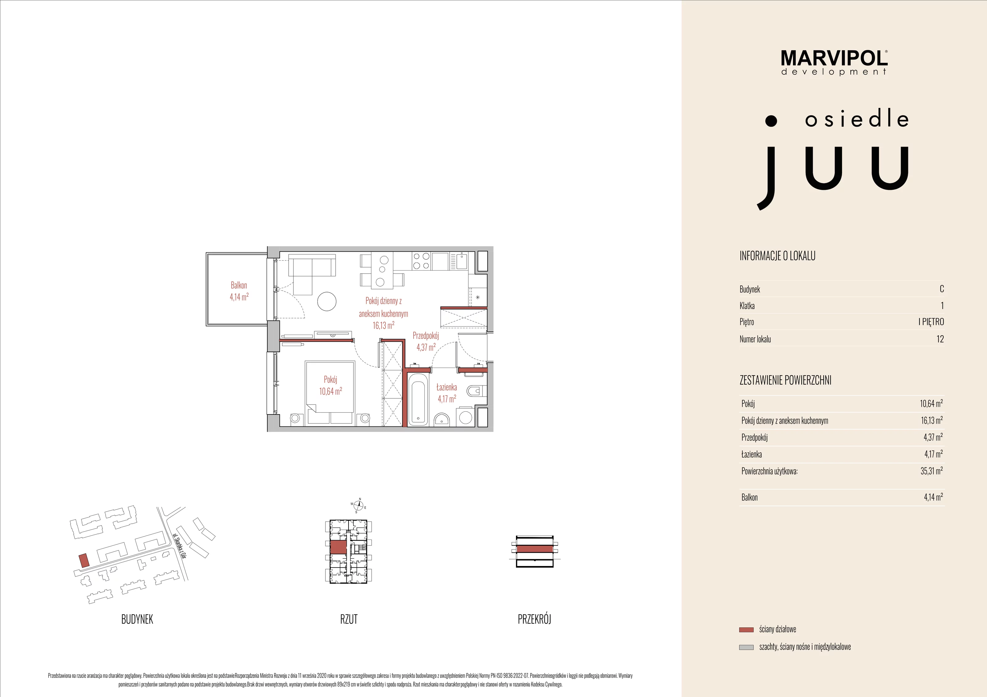 Mieszkanie 35,31 m², piętro 1, oferta nr C_M012, Osiedle Juu, Warszawa, Białołęka, Grodzisk, ul. Skarbka z Gór 47