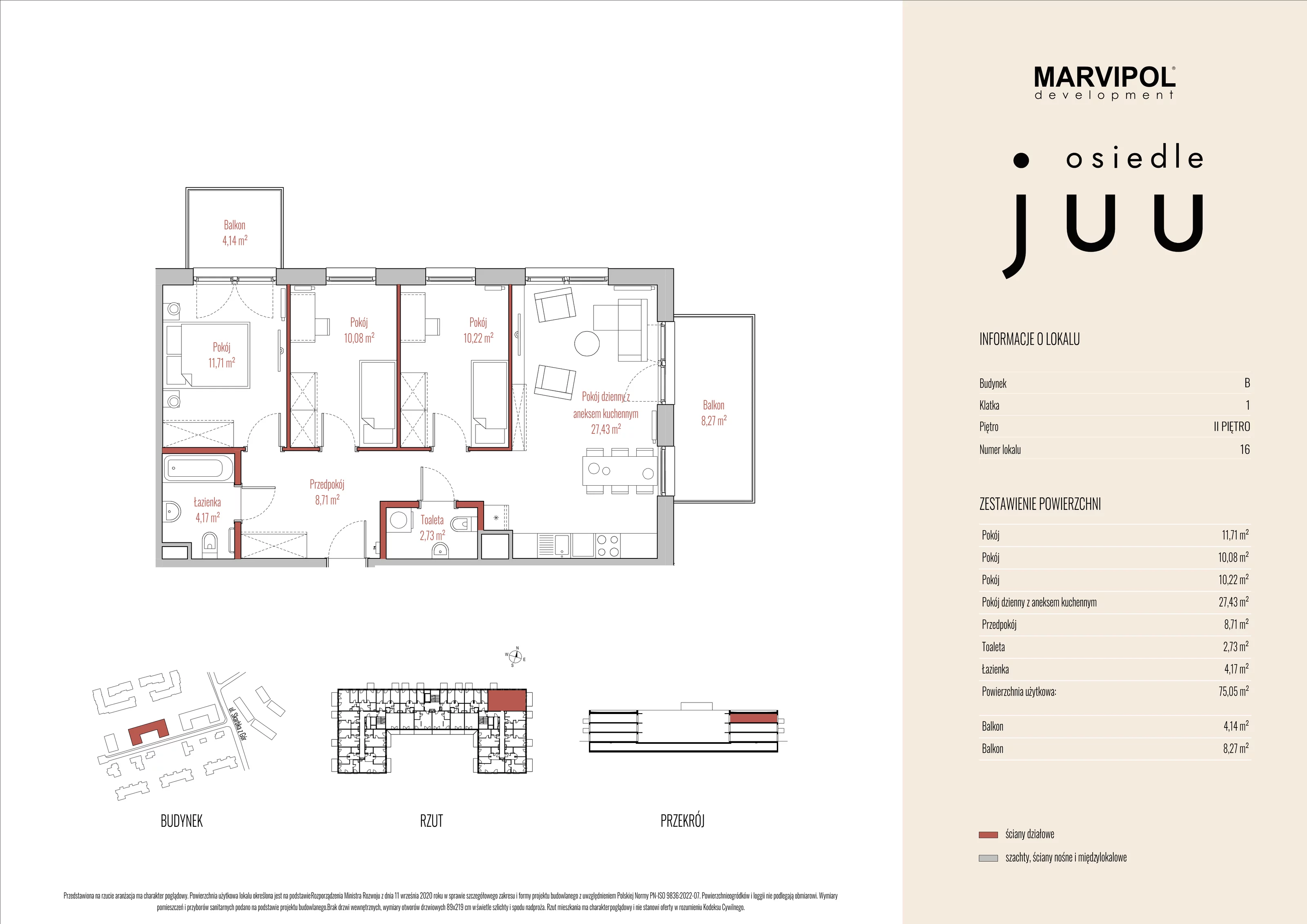 Mieszkanie 75,05 m², piętro 2, oferta nr B_M016, Osiedle Juu, Warszawa, Białołęka, Grodzisk, ul. Skarbka z Gór 47