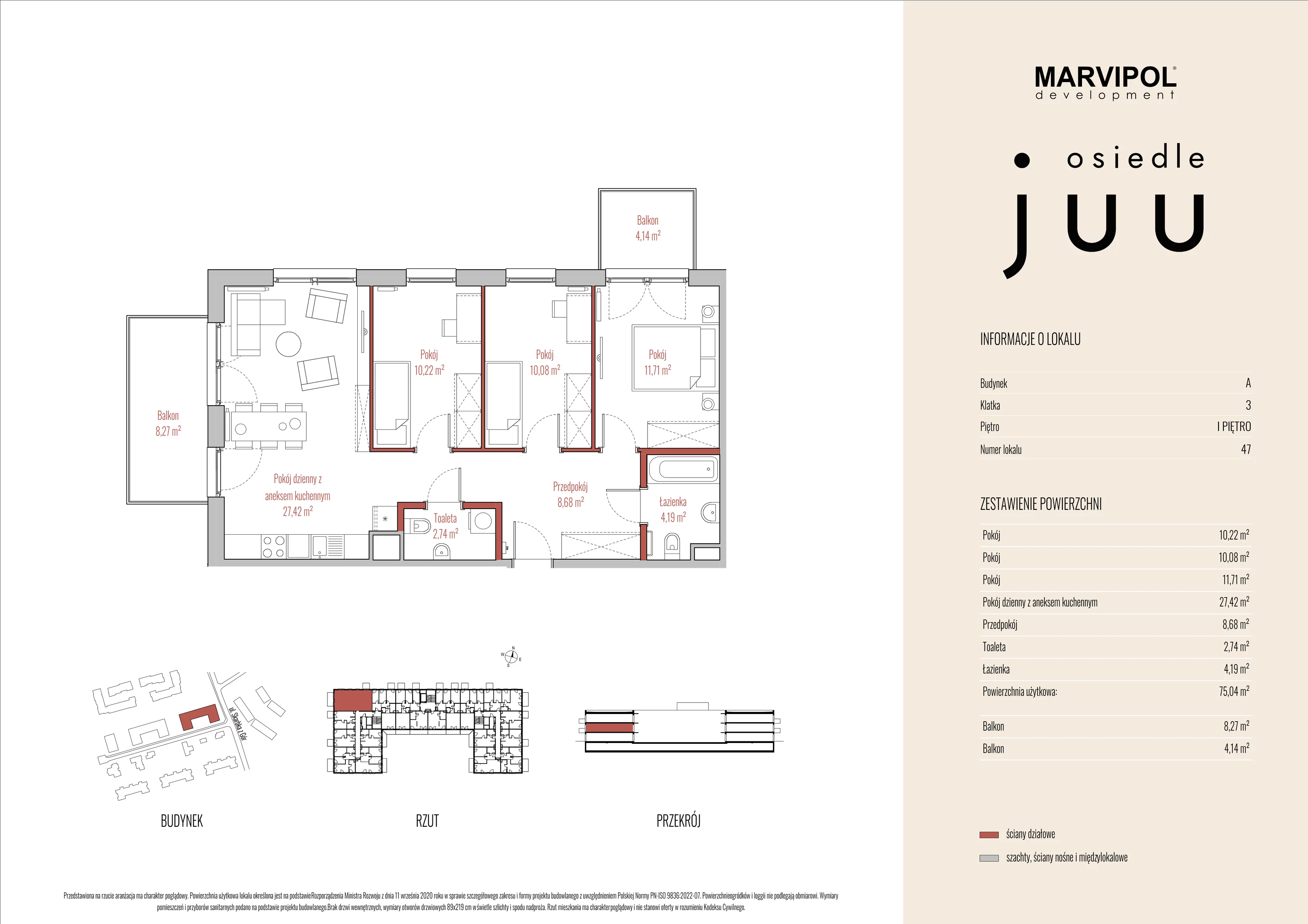 Mieszkanie 75,04 m², piętro 1, oferta nr A_M047, Osiedle Juu, Warszawa, Białołęka, Grodzisk, ul. Skarbka z Gór 47