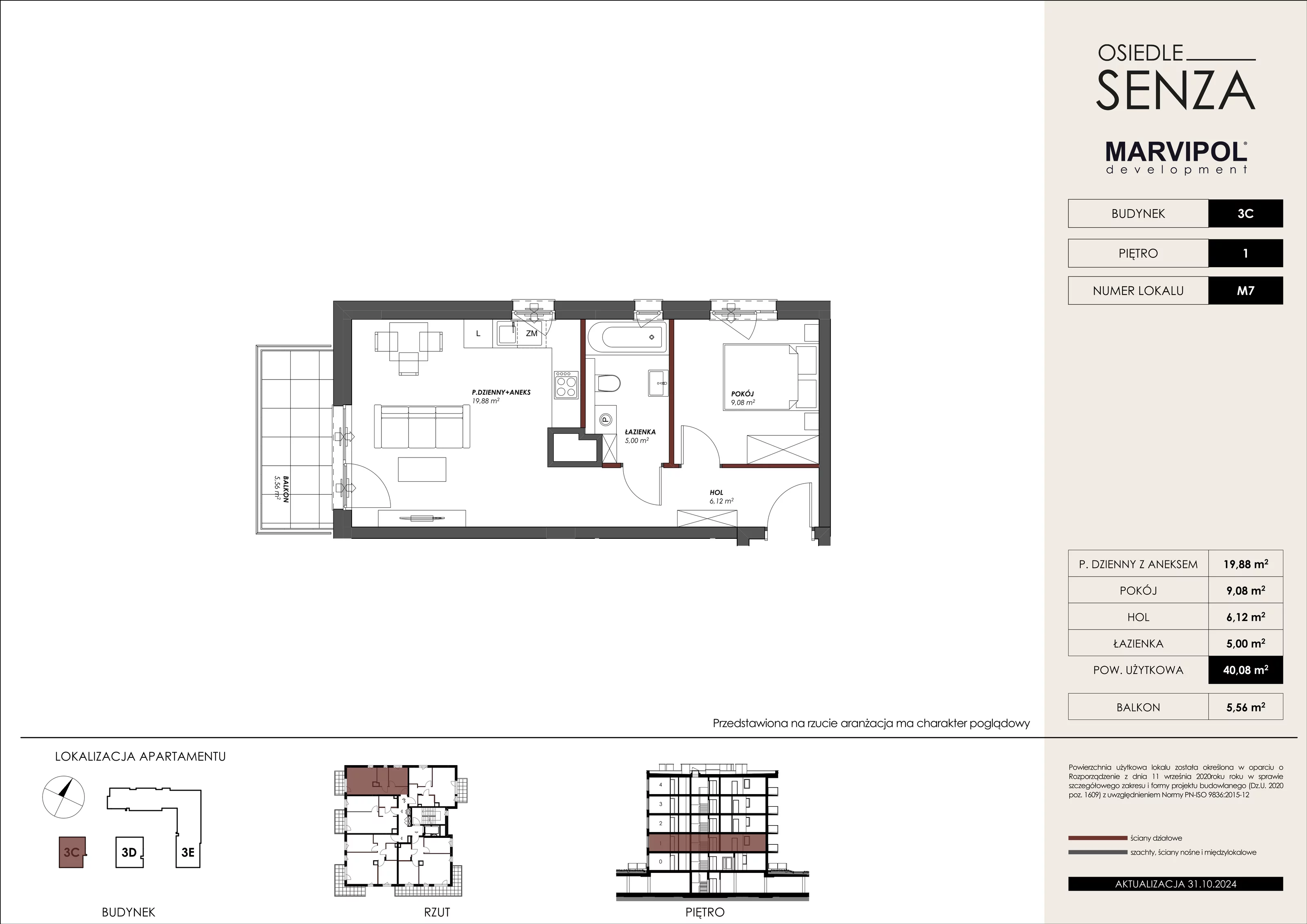 Mieszkanie 40,08 m², piętro 1, oferta nr 3C_M07, Osiedle Senza, Warszawa, Białołęka, Tarchomin, ul. Grzymalitów 3C, 3D, 3E