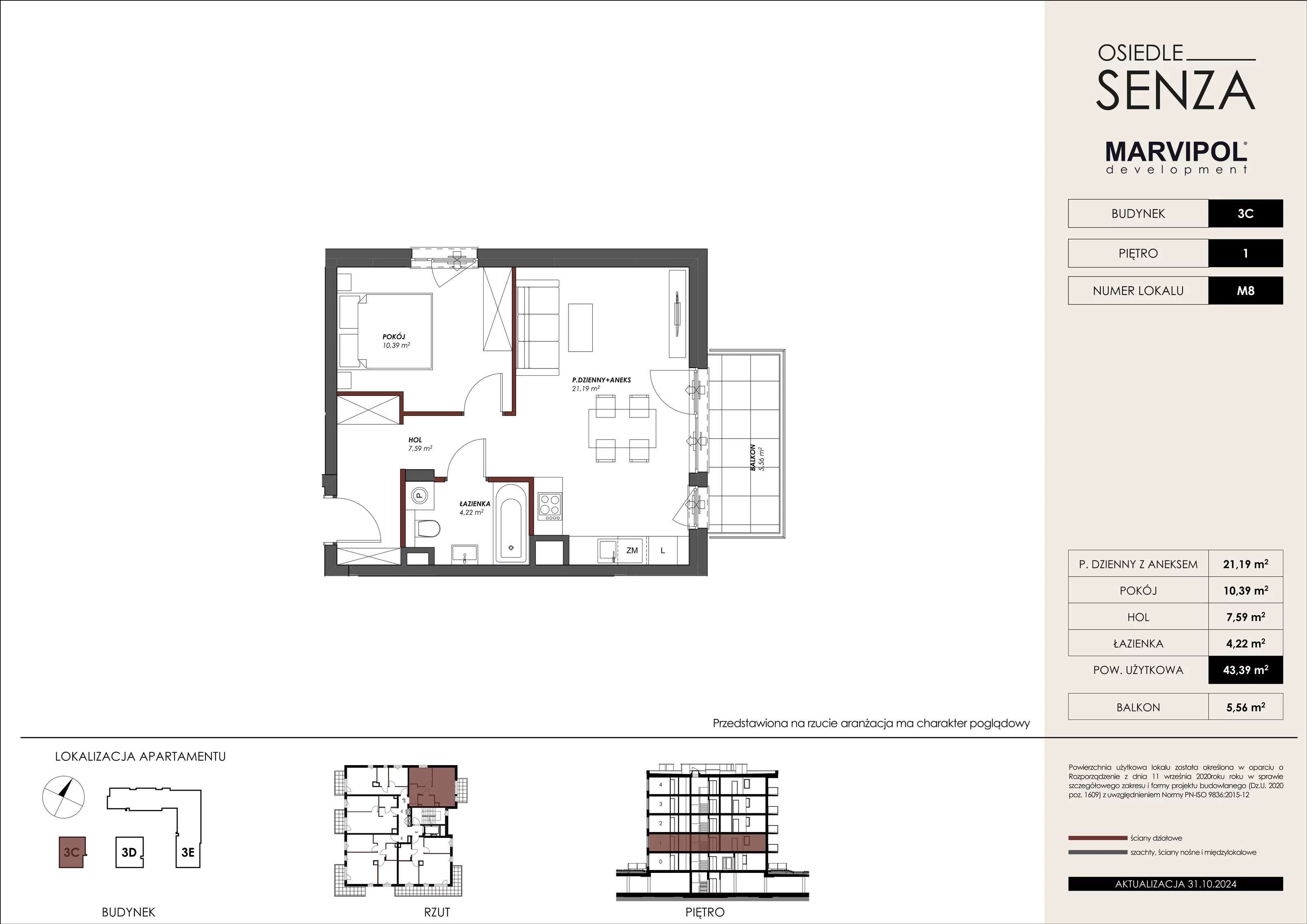 Mieszkanie 43,39 m², piętro 1, oferta nr 3C_M08, Osiedle Senza, Warszawa, Białołęka, Tarchomin, ul. Grzymalitów 3C, 3D, 3E