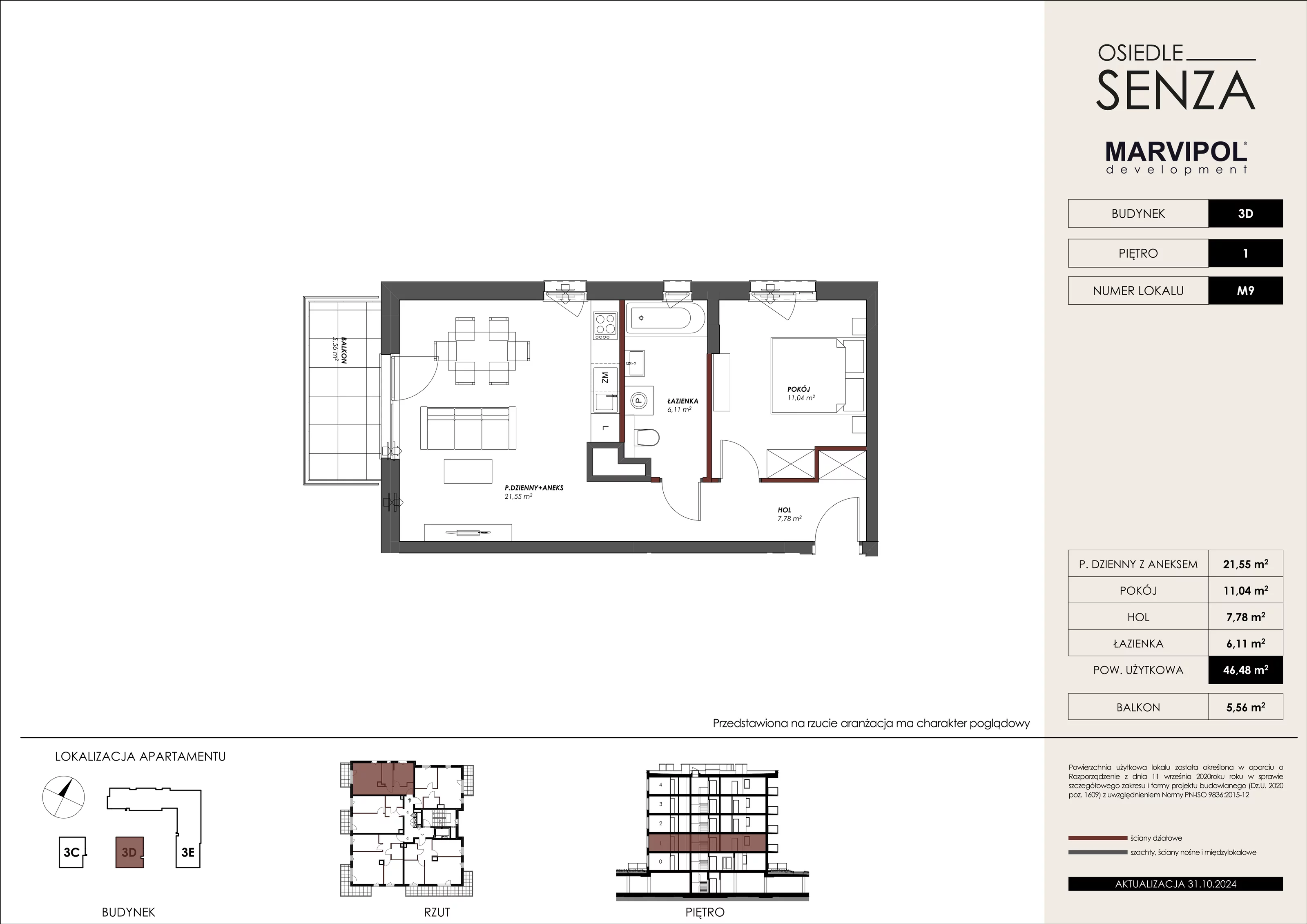 Mieszkanie 46,48 m², piętro 1, oferta nr 3D_M09, Osiedle Senza, Warszawa, Białołęka, Tarchomin, ul. Grzymalitów 3C, 3D, 3E