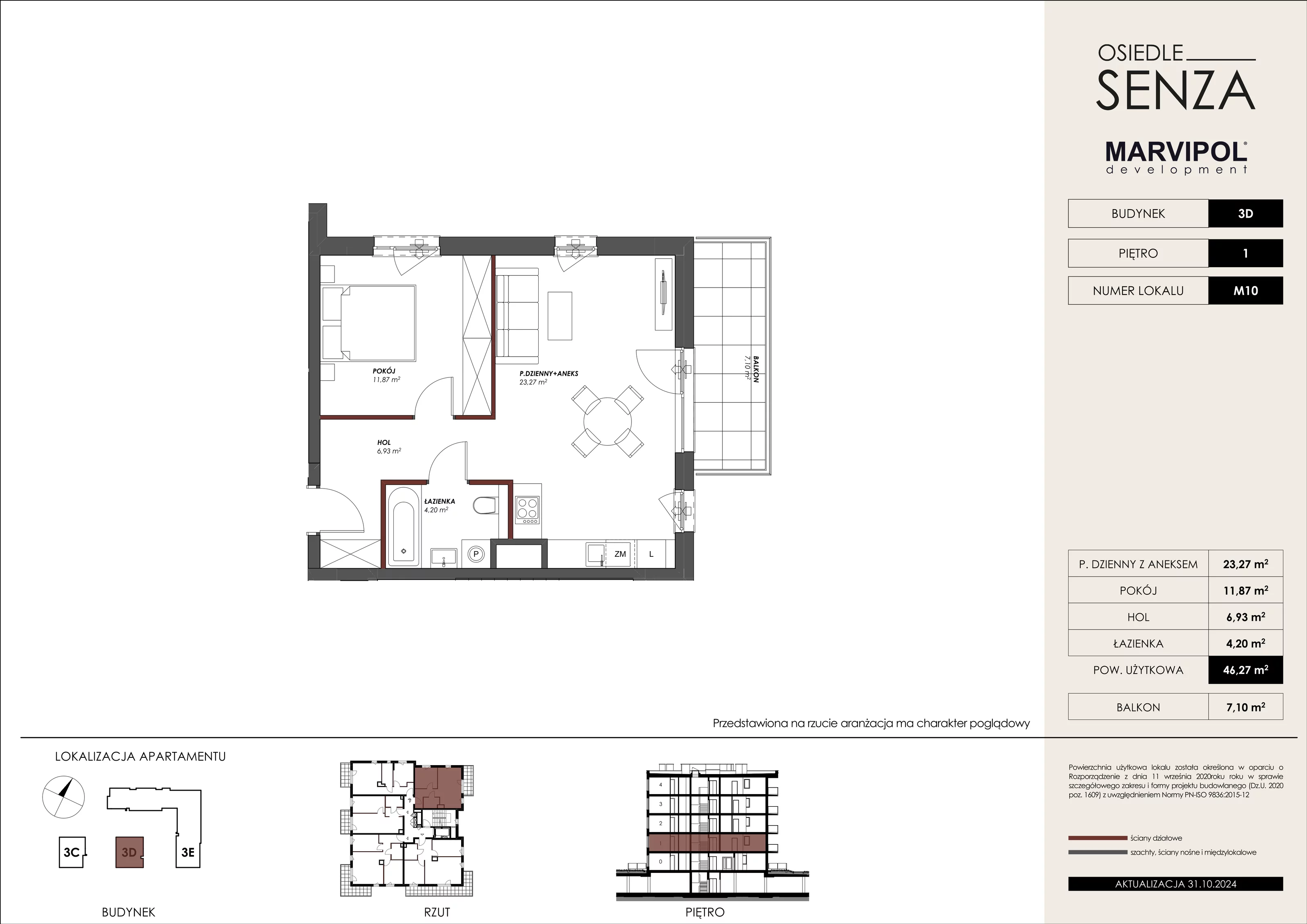 Mieszkanie 46,27 m², piętro 1, oferta nr 3D_M10, Osiedle Senza, Warszawa, Białołęka, Tarchomin, ul. Grzymalitów 3C, 3D, 3E