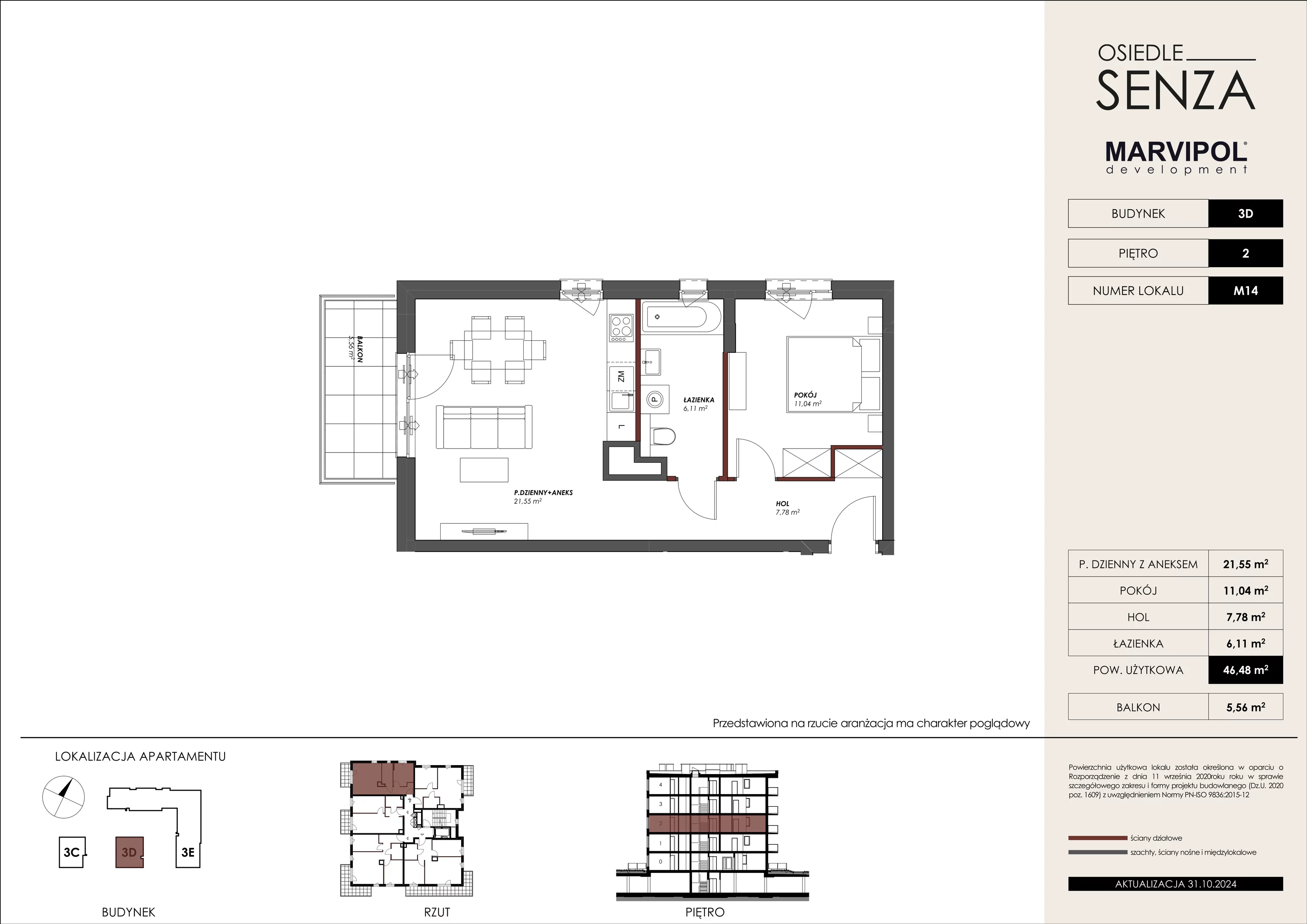 Mieszkanie 46,48 m², piętro 2, oferta nr 3D_M14, Osiedle Senza, Warszawa, Białołęka, Tarchomin, ul. Grzymalitów 3C, 3D, 3E