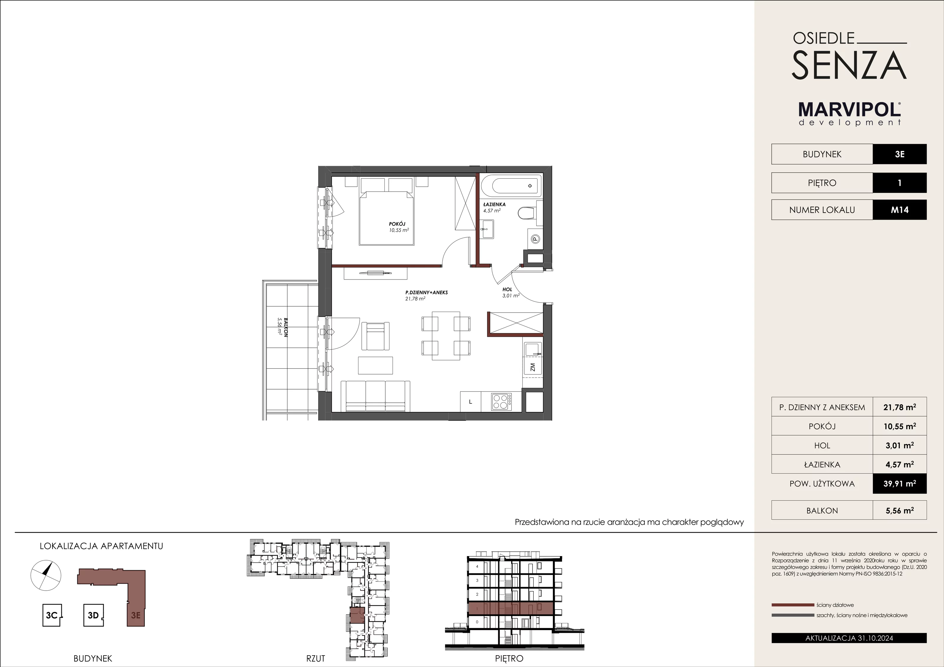 Mieszkanie 39,91 m², piętro 1, oferta nr 3E_M14, Osiedle Senza, Warszawa, Białołęka, Tarchomin, ul. Grzymalitów 3C, 3D, 3E